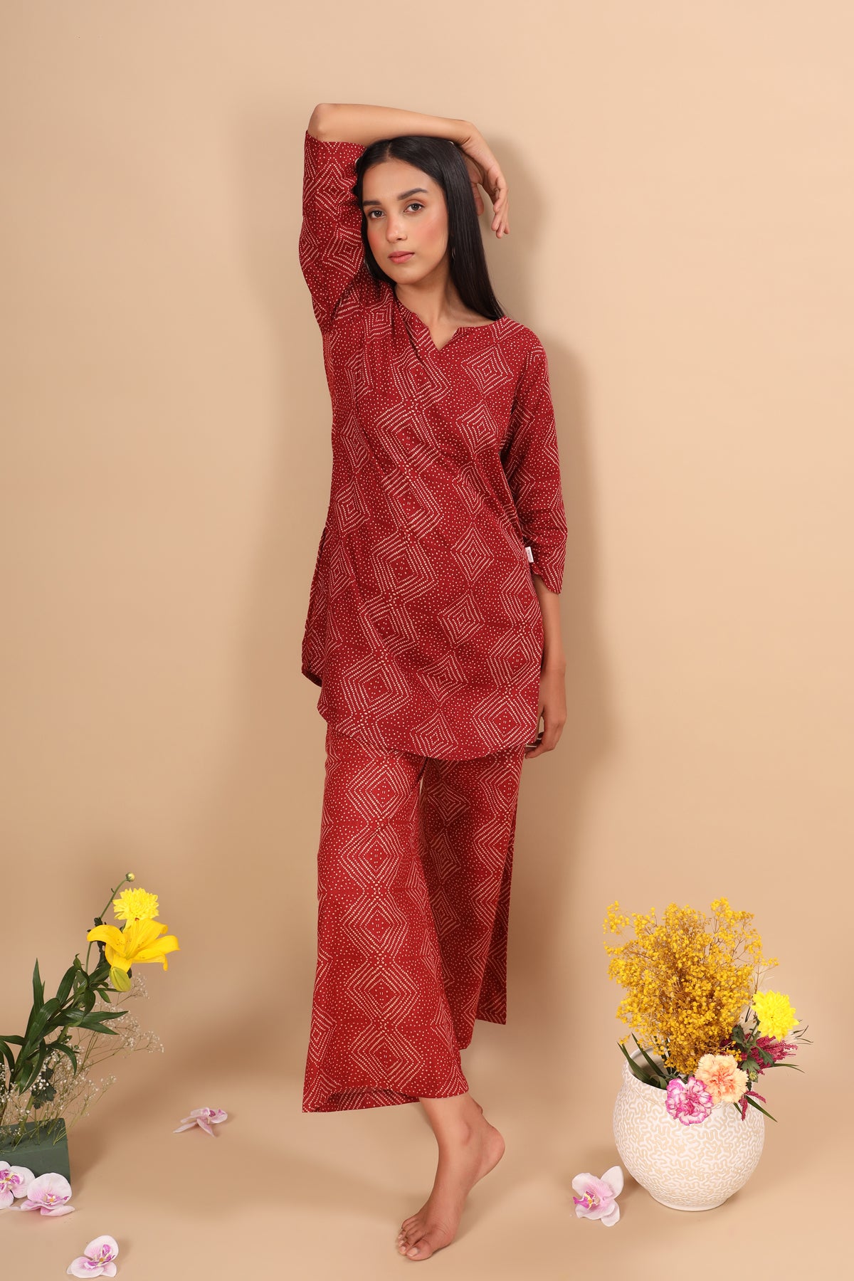 Zig-Zag Bandhani on Red Loungewear Top Set