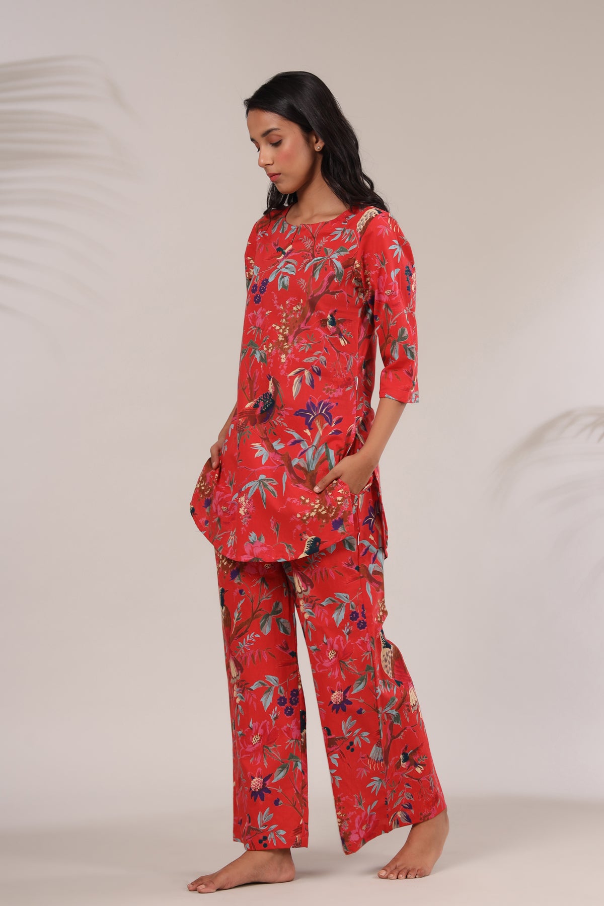 Chirping Bird On Red Loungewear Top Set