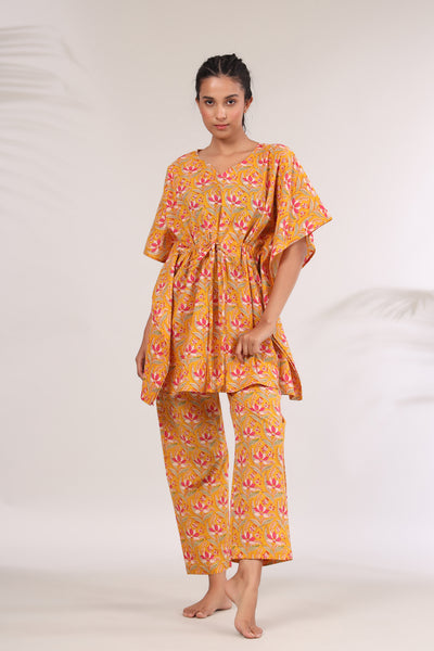 Bagru Batik Print on Mustard Kaftan Pajama