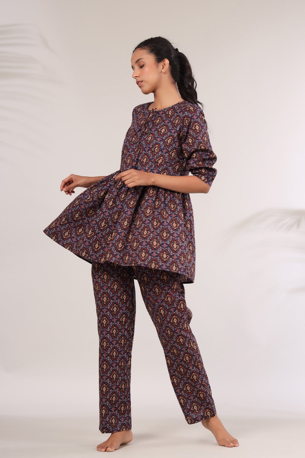 Bagru Kalamkari Print on Blue Peplum Loungewear Top Set