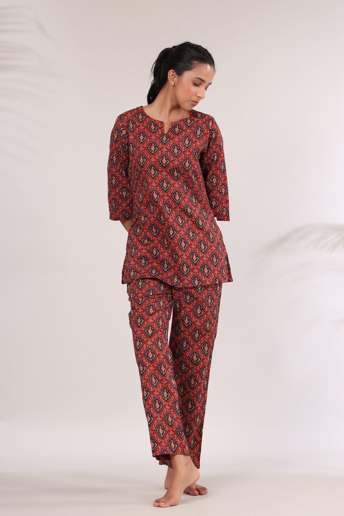 Bagru Kalamkari Print on Red Loungewear Top Set