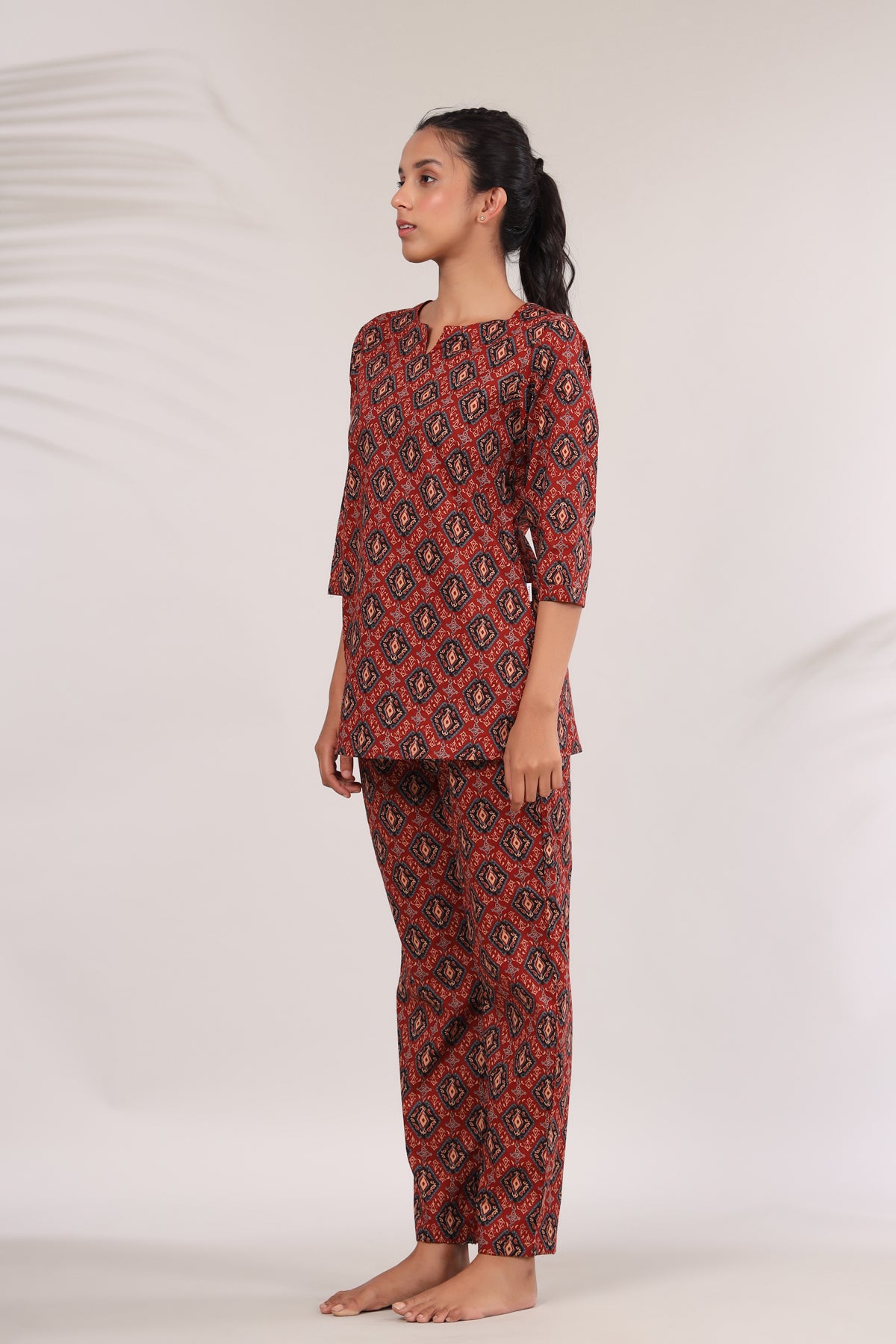 Bagru Kalamkari Print on Red Loungewear Top Set