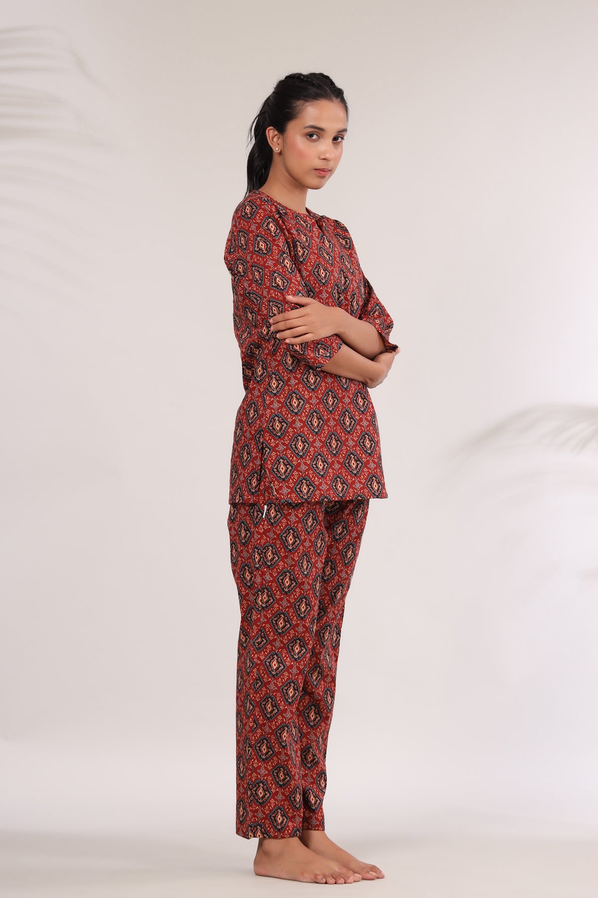 Bagru Kalamkari Print on Red Loungewear Top Set