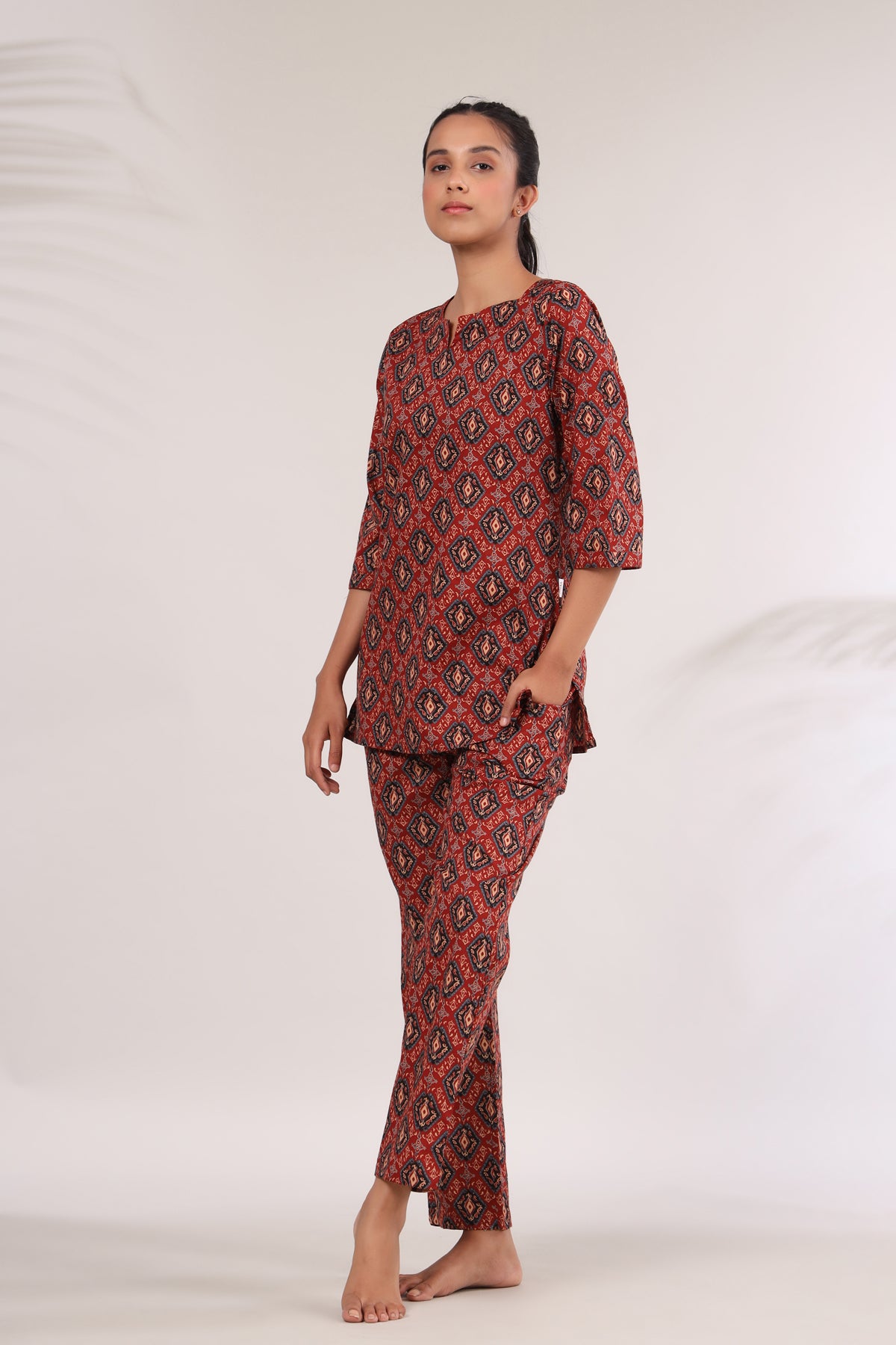 Bagru Kalamkari Print on Red Loungewear Top Set