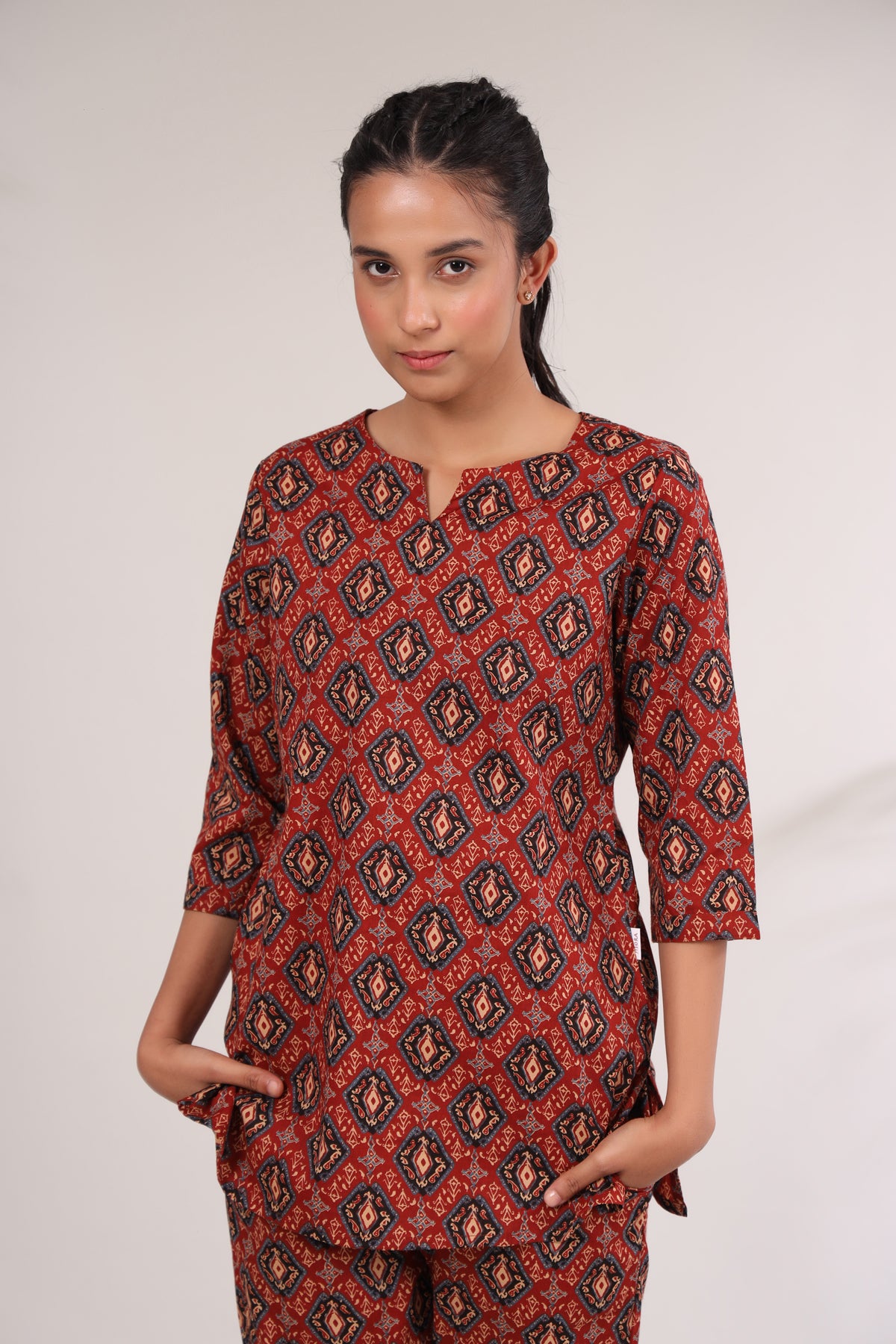 Bagru Kalamkari Print on Red Loungewear Top Set