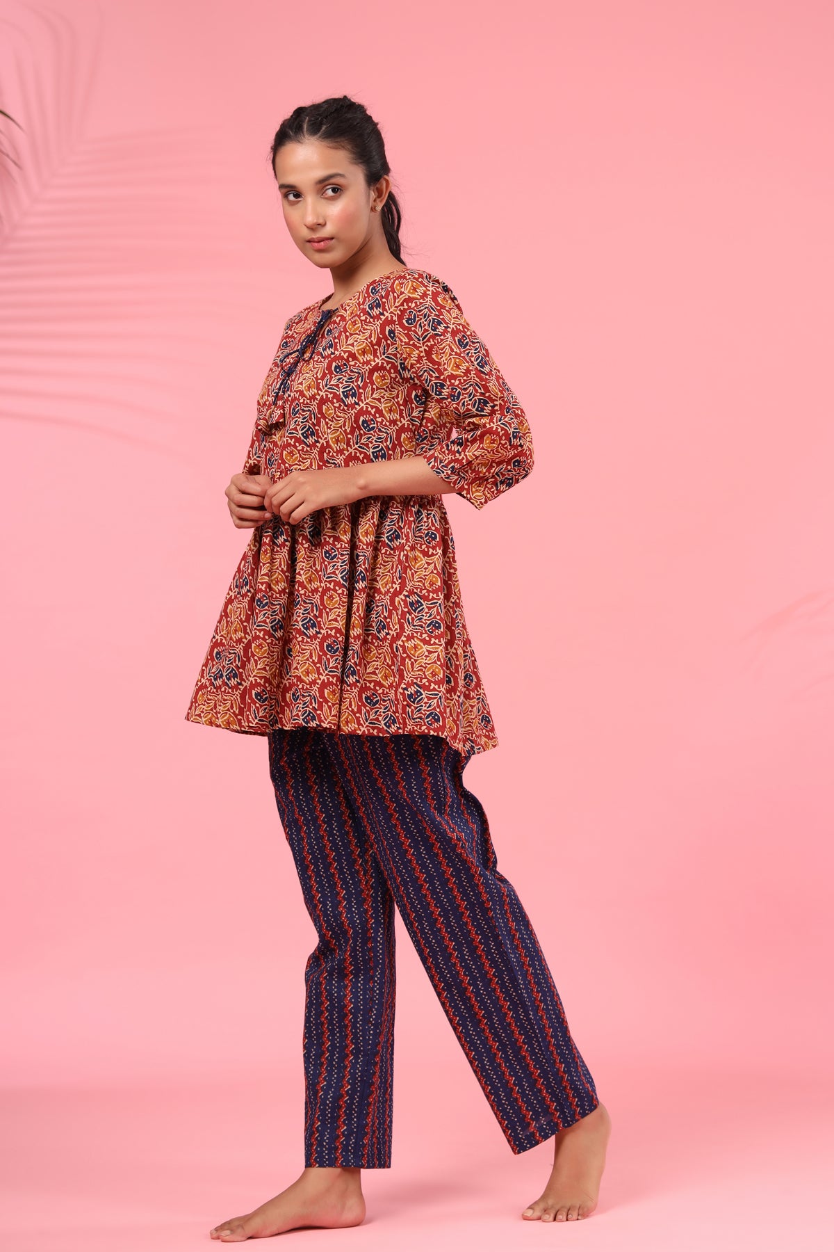 Bagru Kalamkari on Maroon Peplum Pyjama Sets
