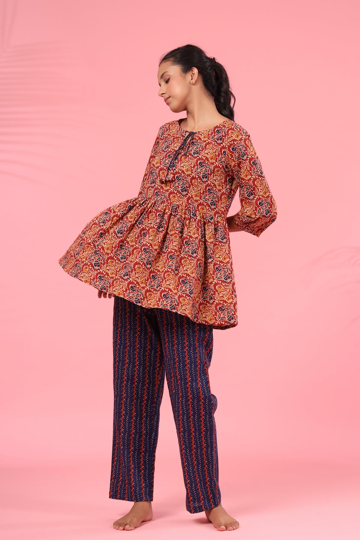 Bagru Kalamkari on Maroon Peplum Loungewear Top Set