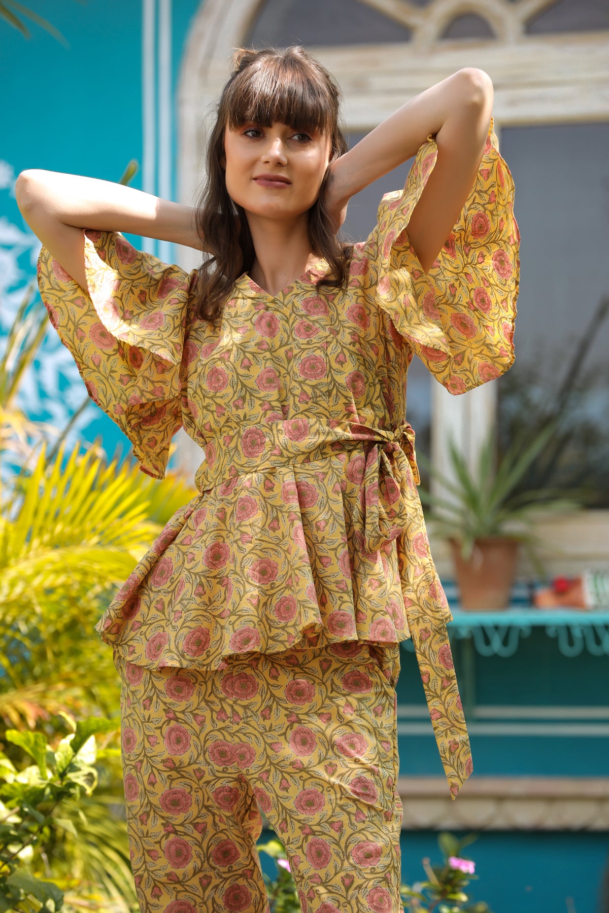 Floral Mosaic on Yellow Loungewear Top Set