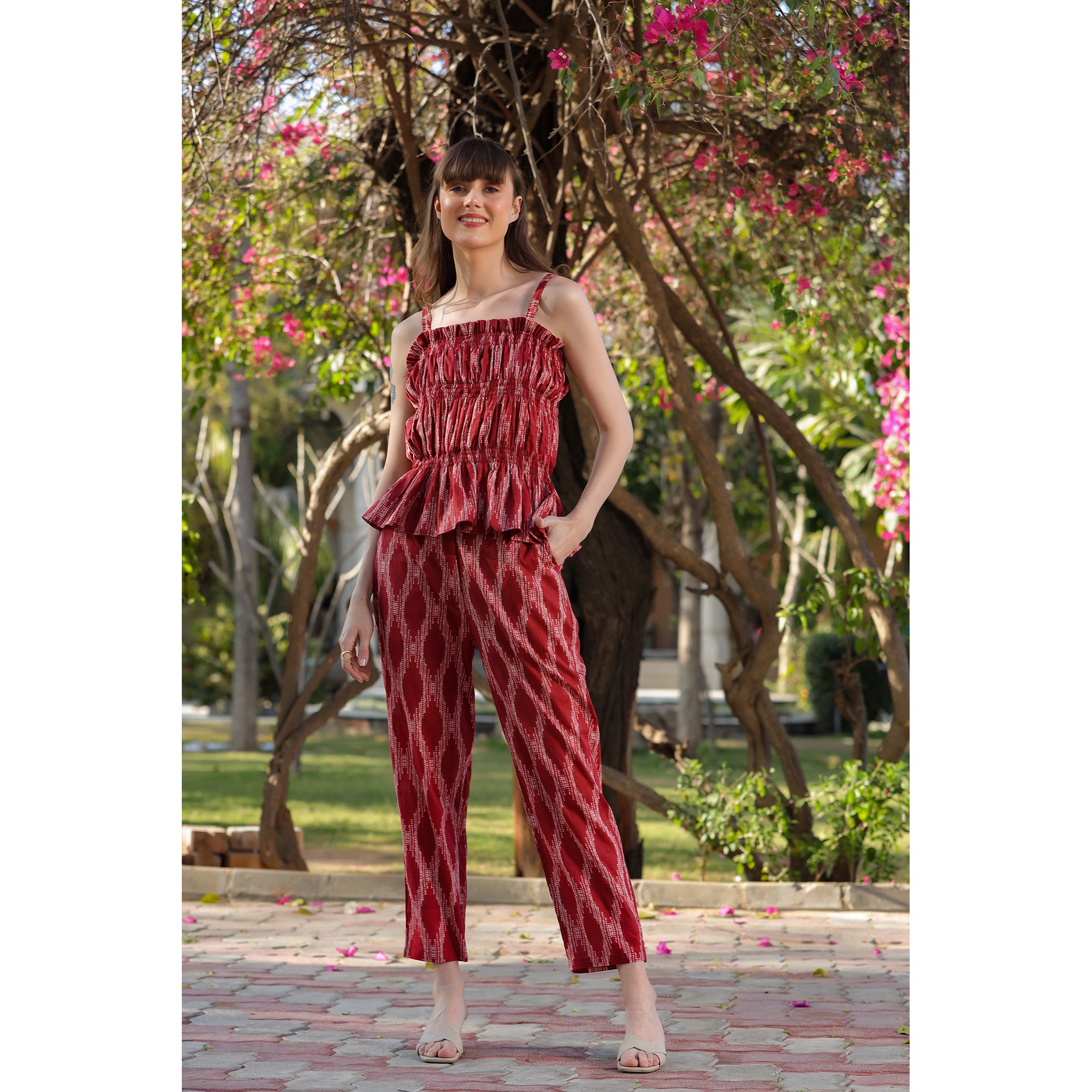 Smocked Co-ord Cotton Maroon set