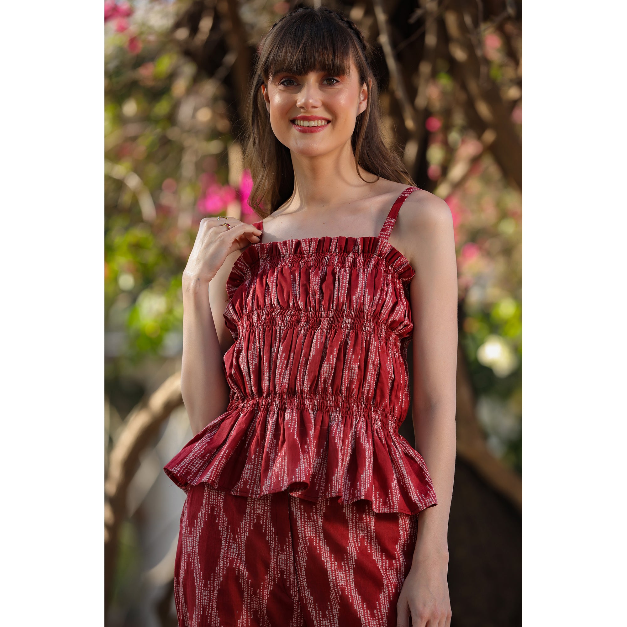 Smocked Shibori on Maroon cotton Co-ord Set