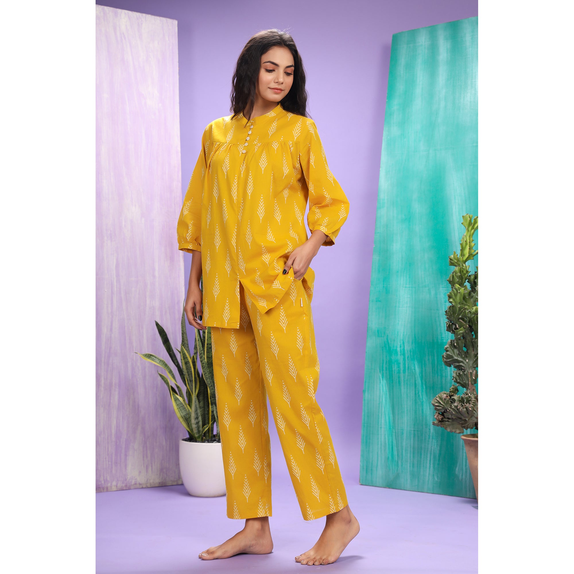 Tropical Trees On Mustard Loungewear Top Set