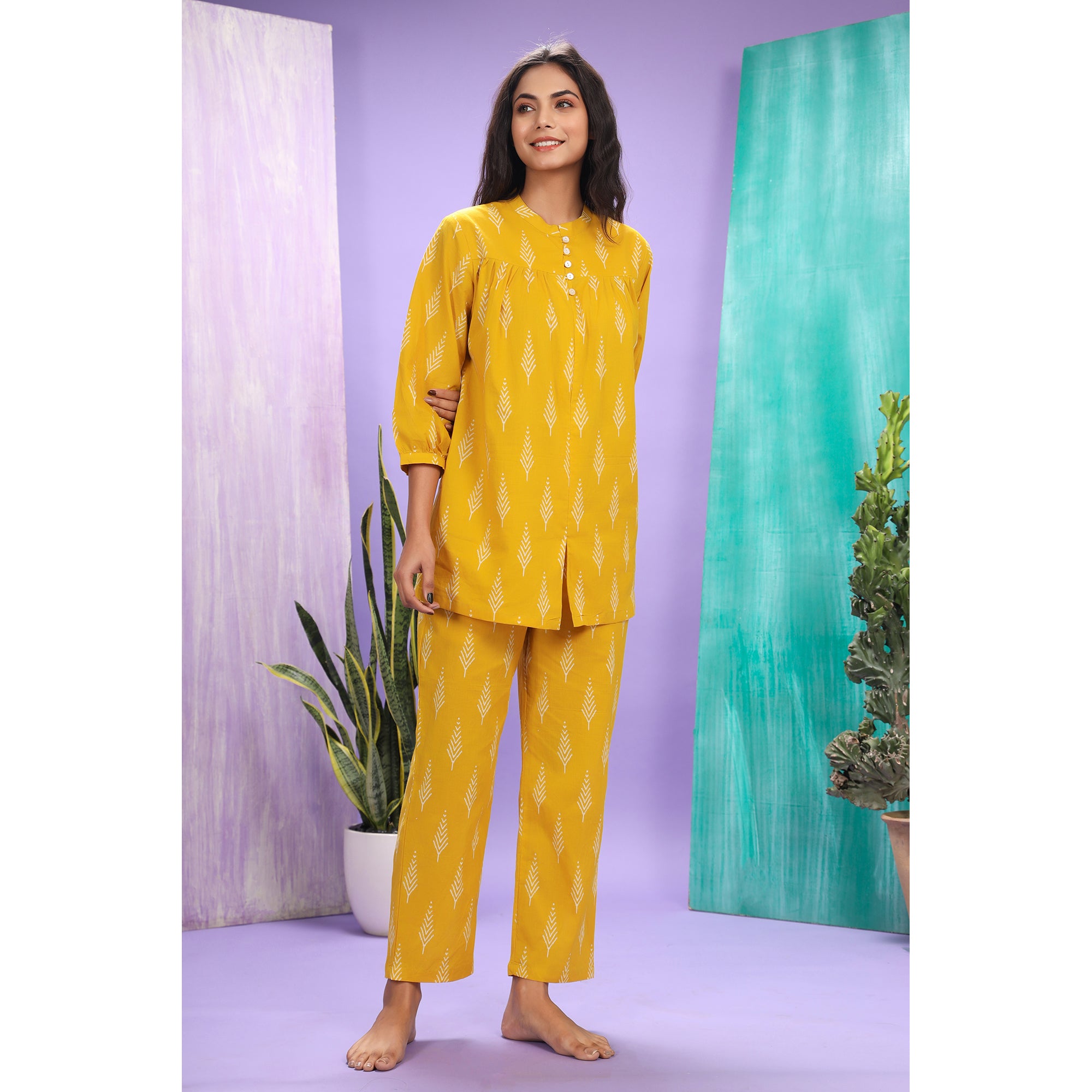 Tropical Trees On Mustard Loungewear Top Set