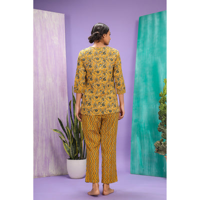 Floral Mosaic with Striped Contrast on Mustard Loungewear JISORA