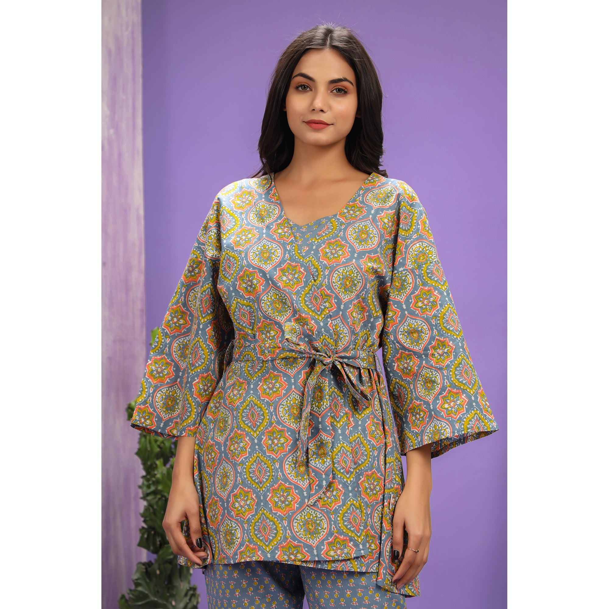 Mughal Coromandel on Grey Shrug Set Jisora Jaipur