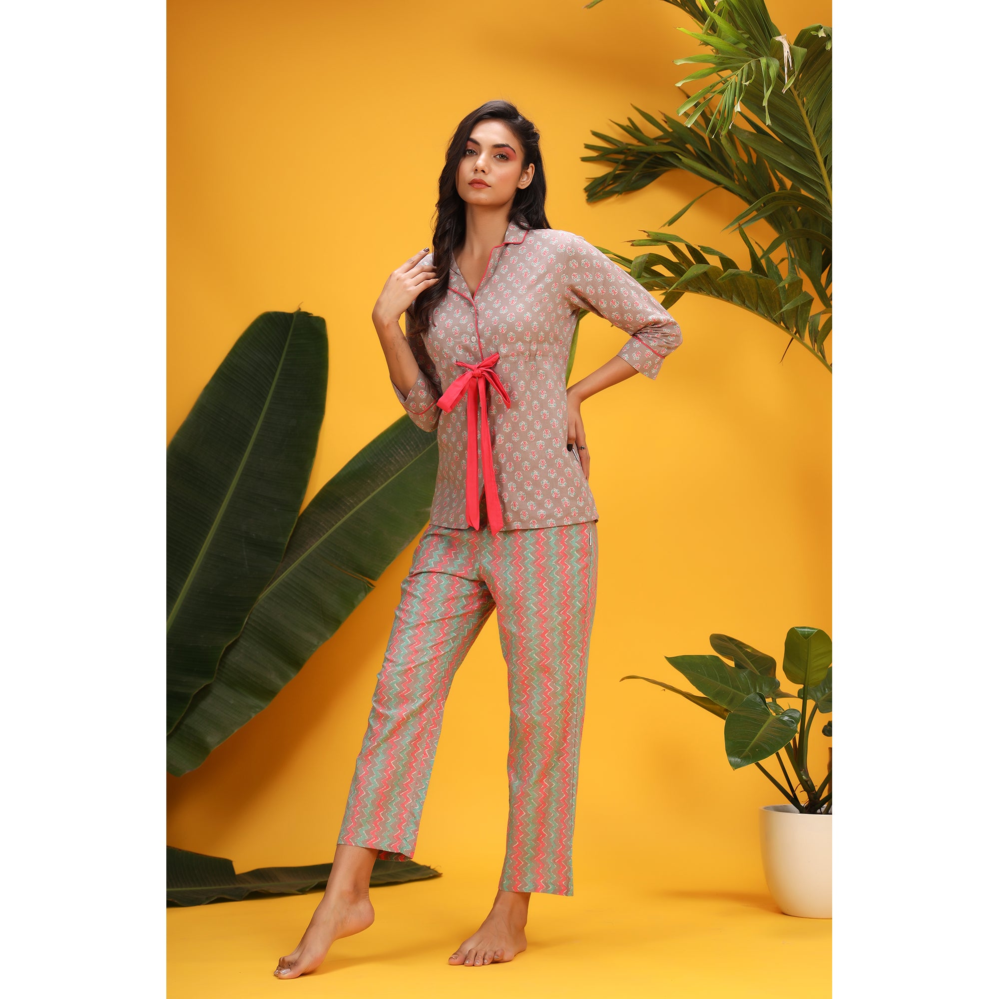 Pink Pop on Grey Front-tie Loungewear Top Set