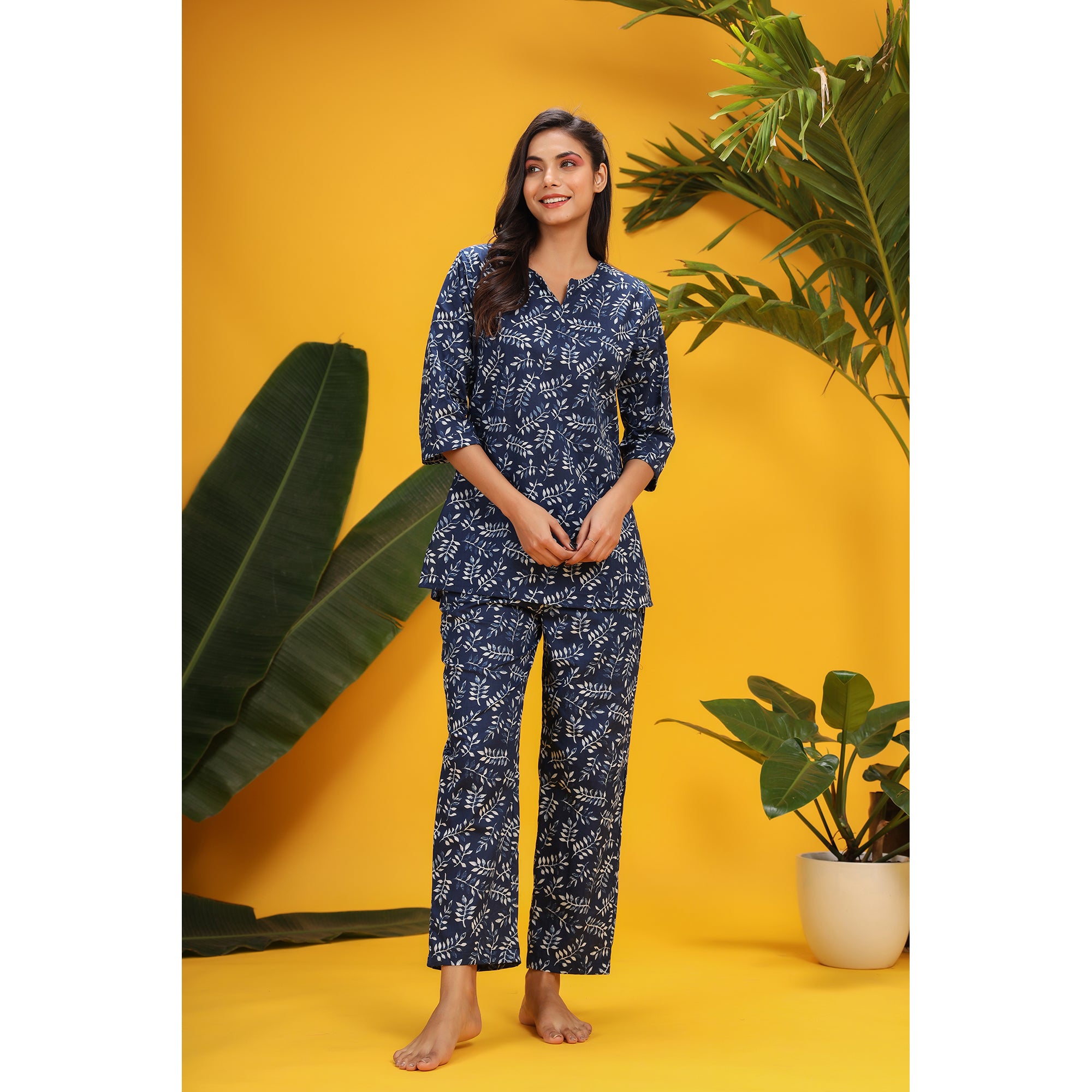 Neem Leaves on Blue Loungewear Top Set