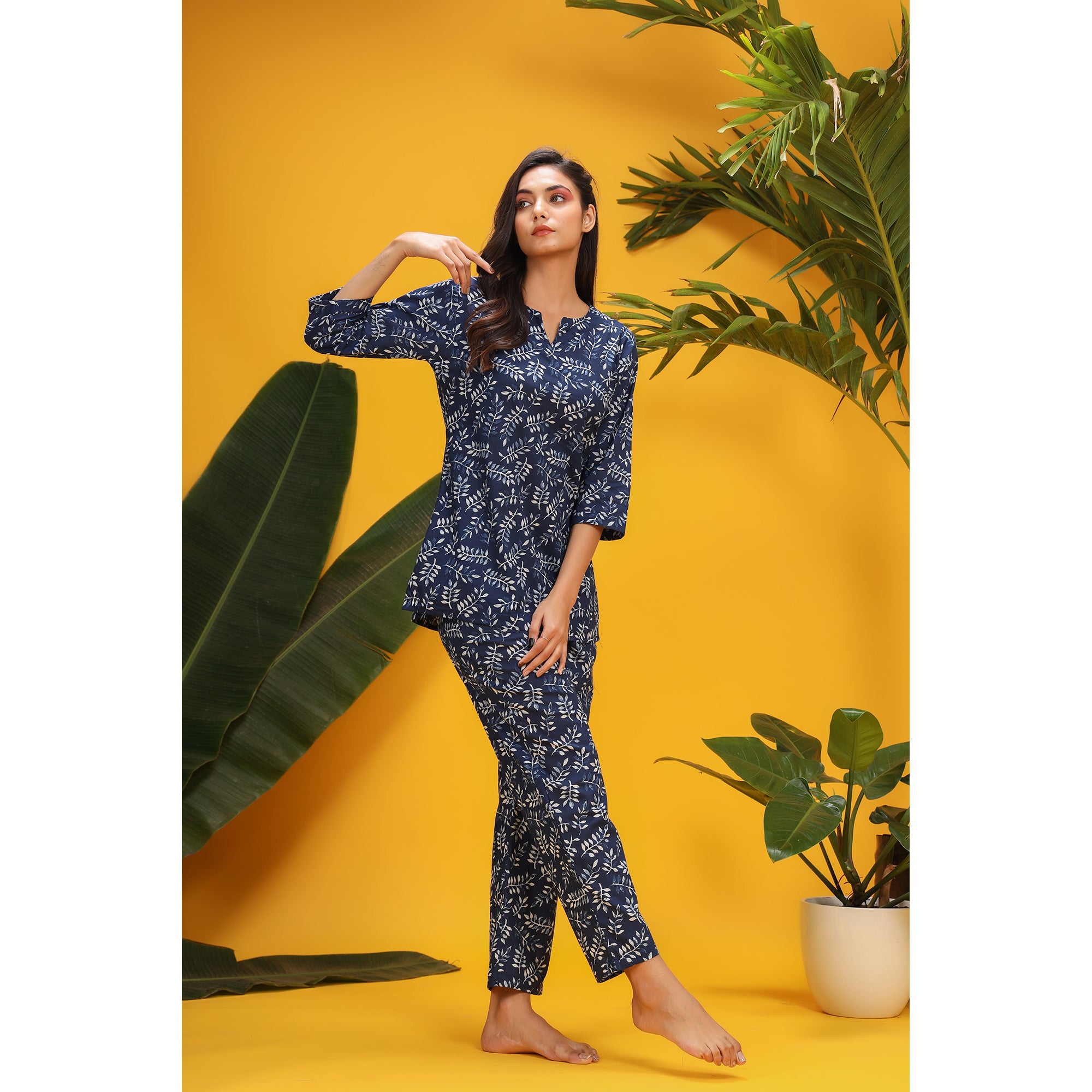 Neem Leaves on Blue Loungewear Top Set