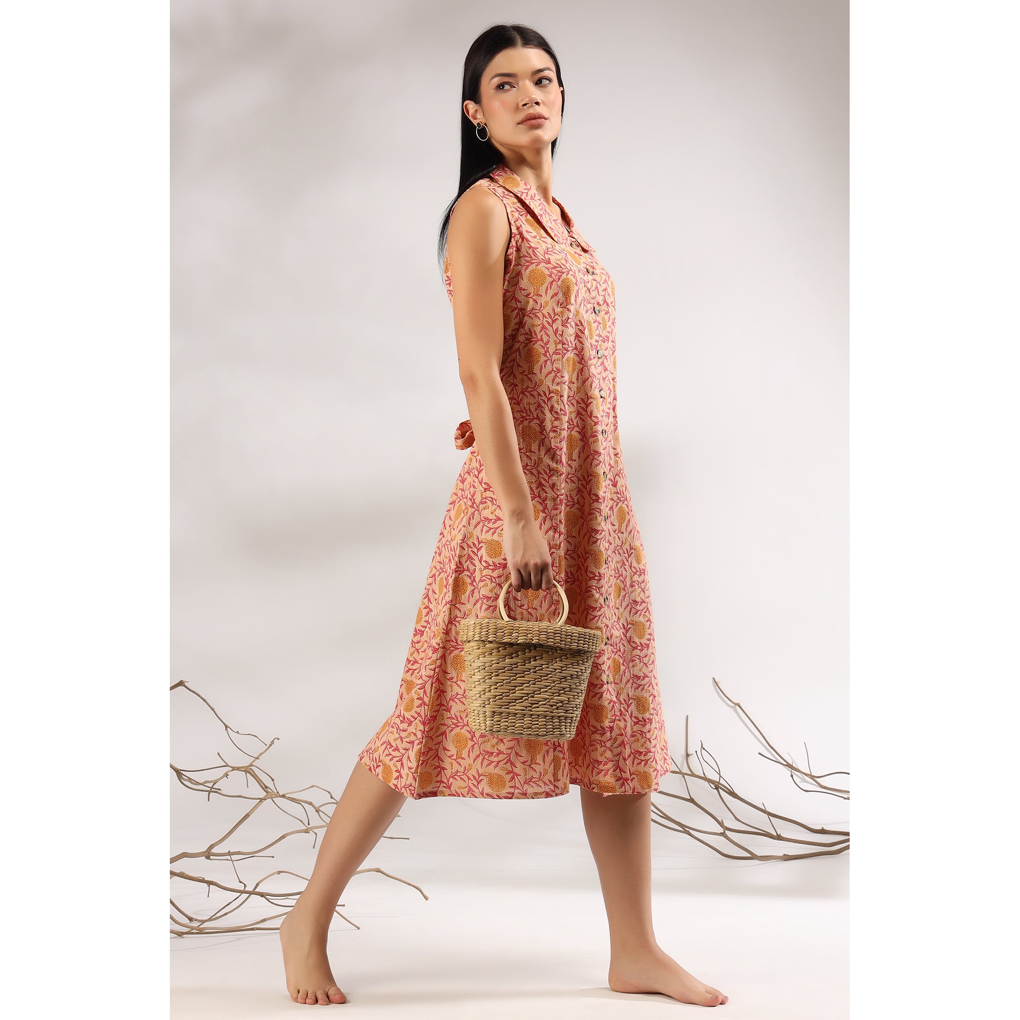 Mughal Jaal on Peach Cotton Midi Dress