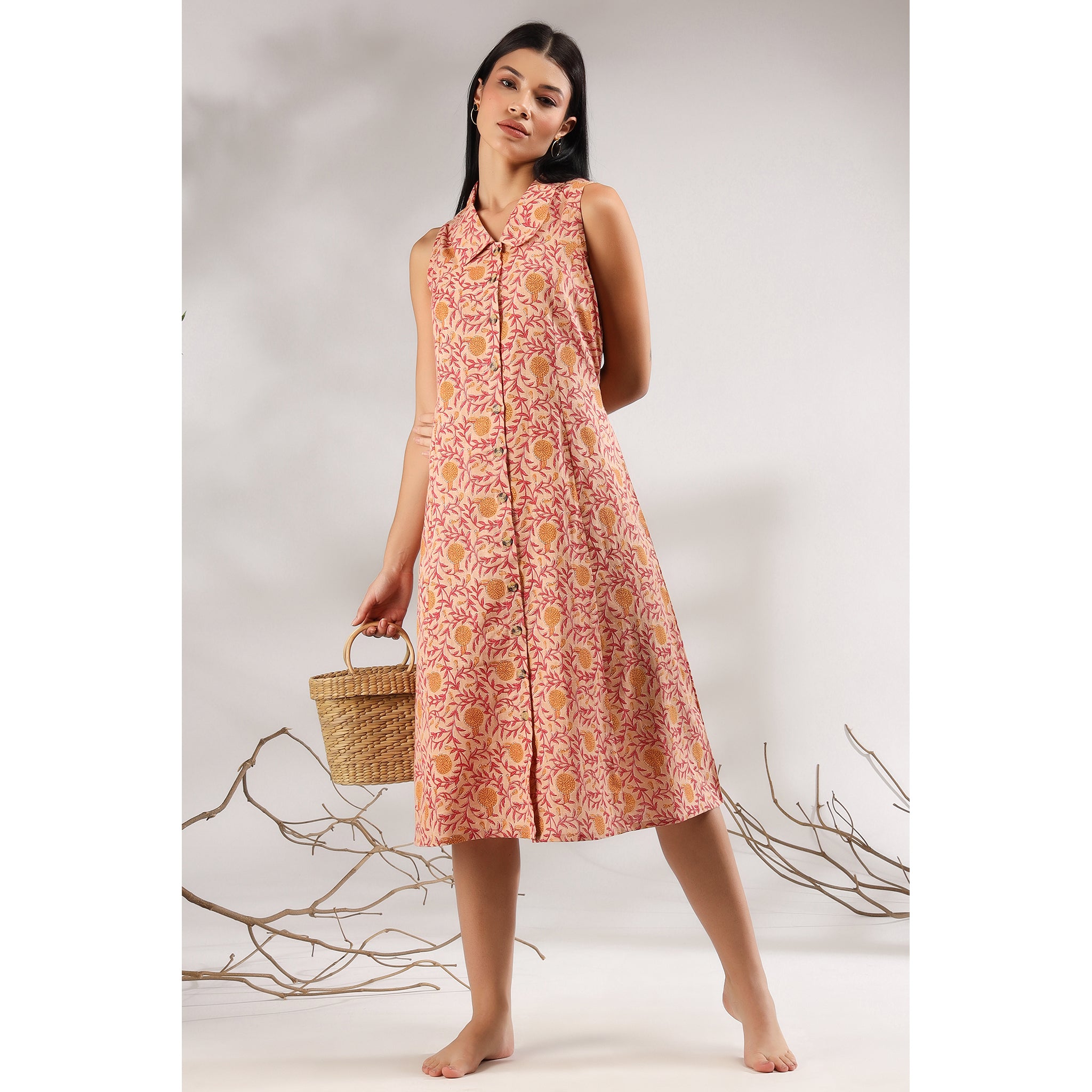 Mughal Jaal on Peach Cotton Midi Dress