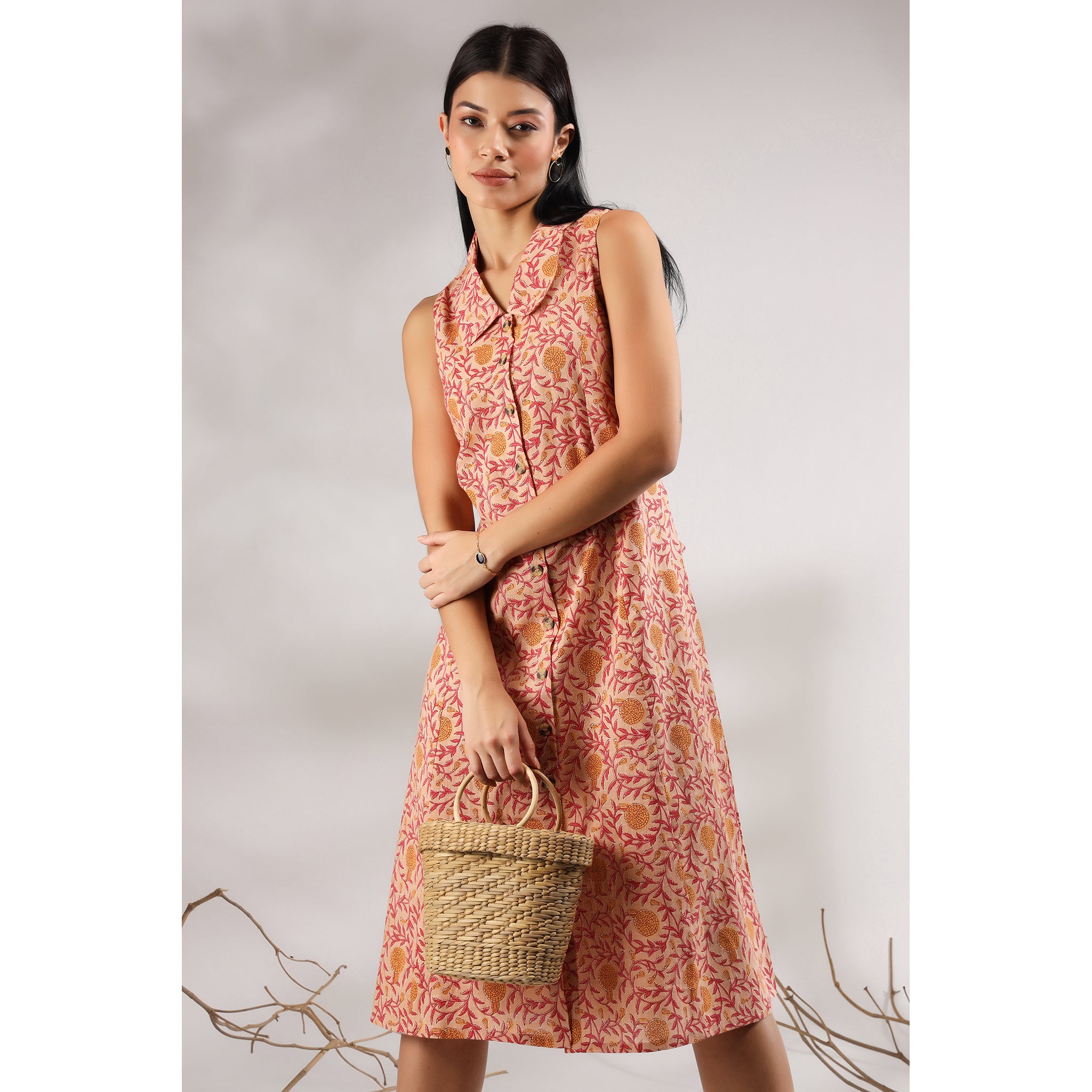 Mughal Jaal on Peach Cotton Midi Dress