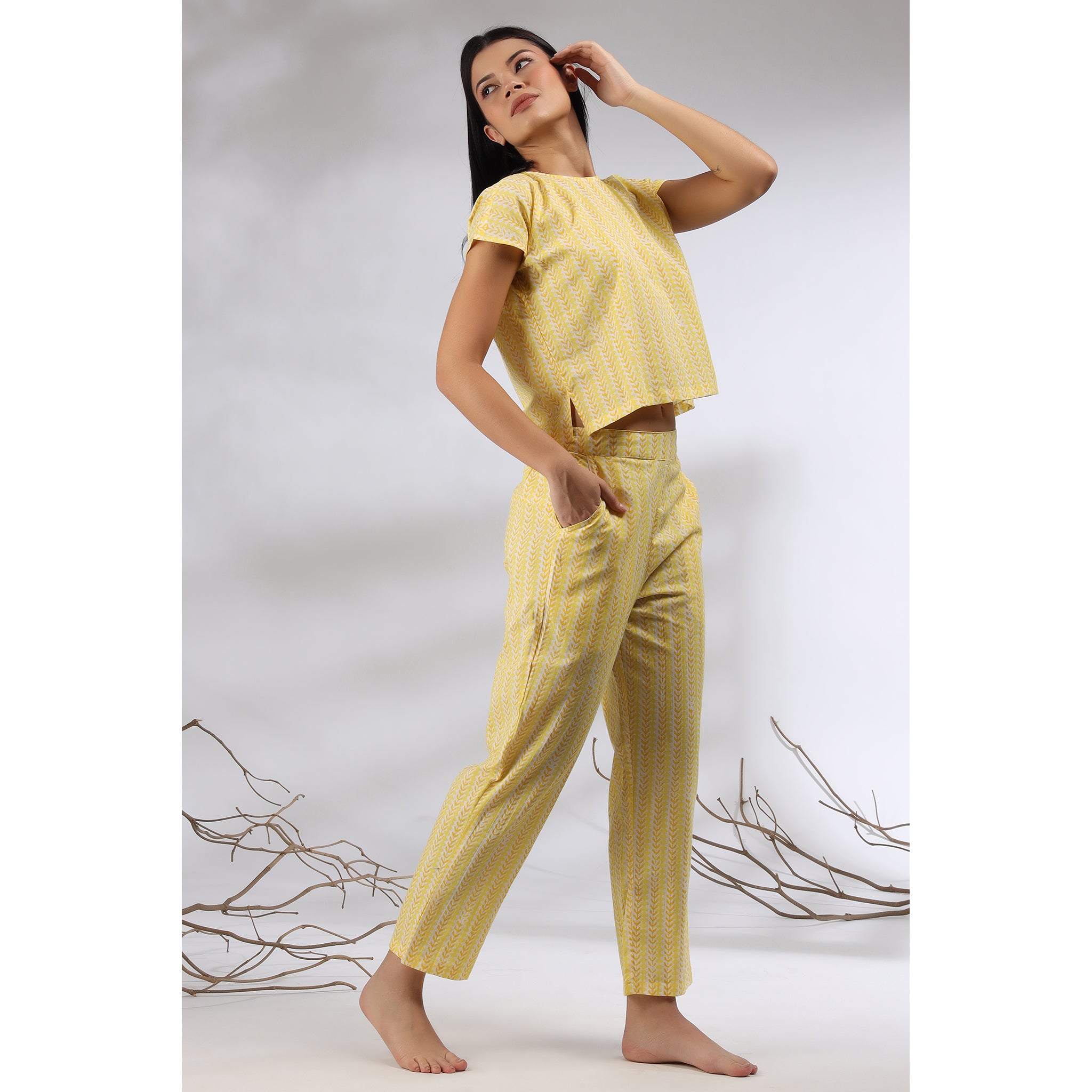 Floral Twines on Yellow Loungewear Top Set