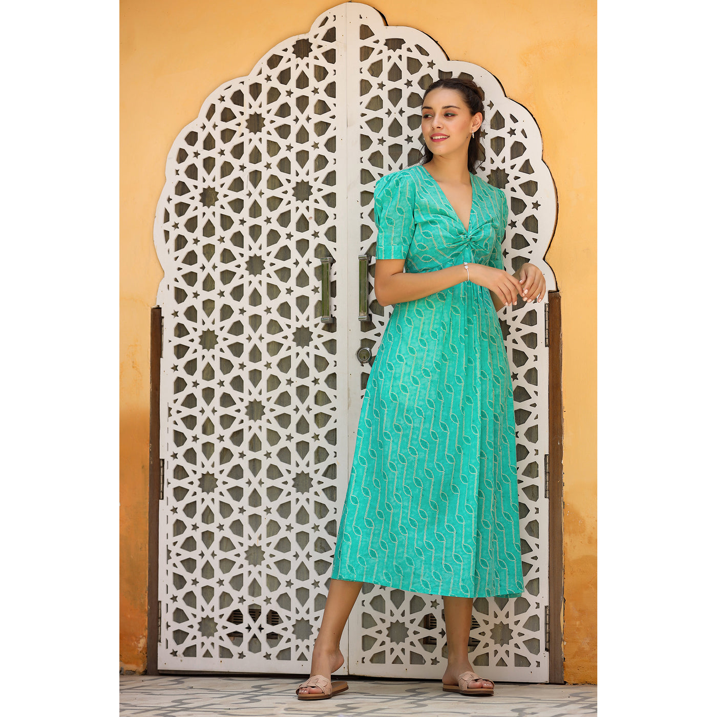 Front Twist Shibori on Turquoise Midi Dress