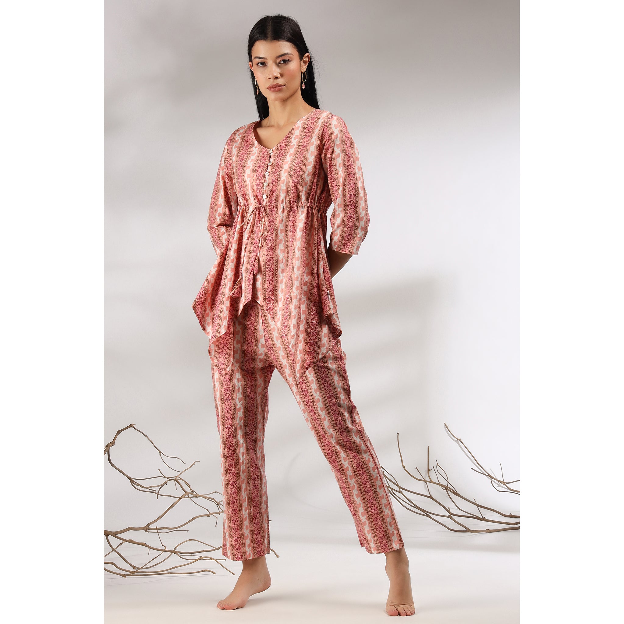 Floral Twines on Asymmetrical Pink Loungewear Top Set