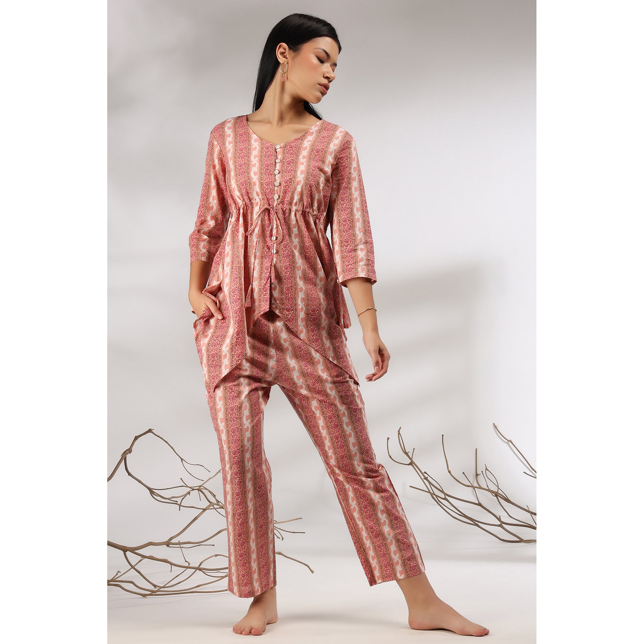 Floral Twines on Asymmetrical Pink Loungewear Top Set