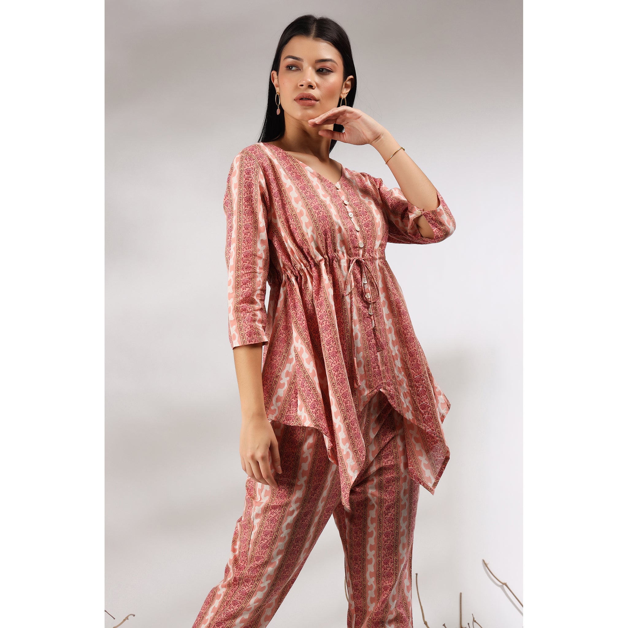 Floral Twines on Asymmetrical Pink Loungewear Top Set