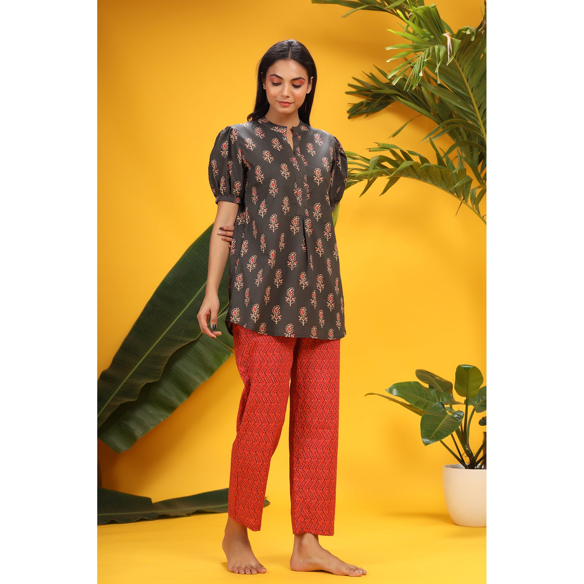 Rose Buds On Contrast  Loungewear Top Set