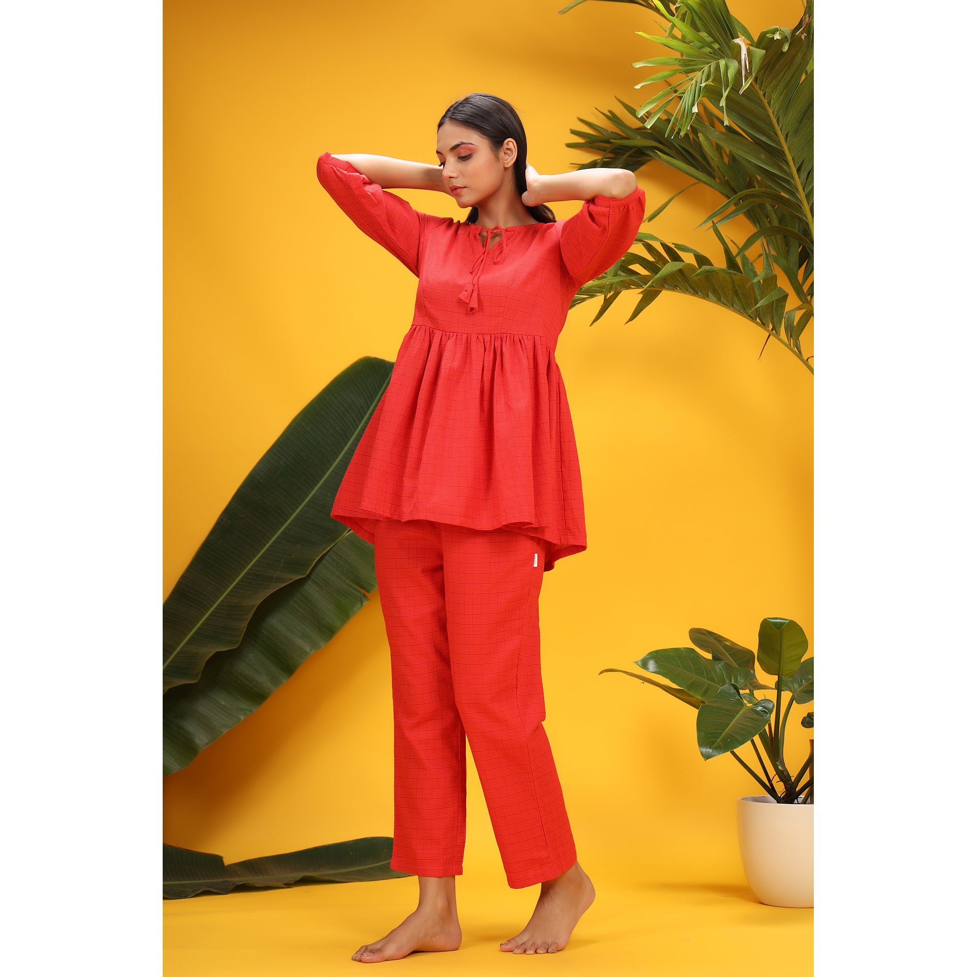 Patterned Weaves on Red Peplum Loungewear Top Set