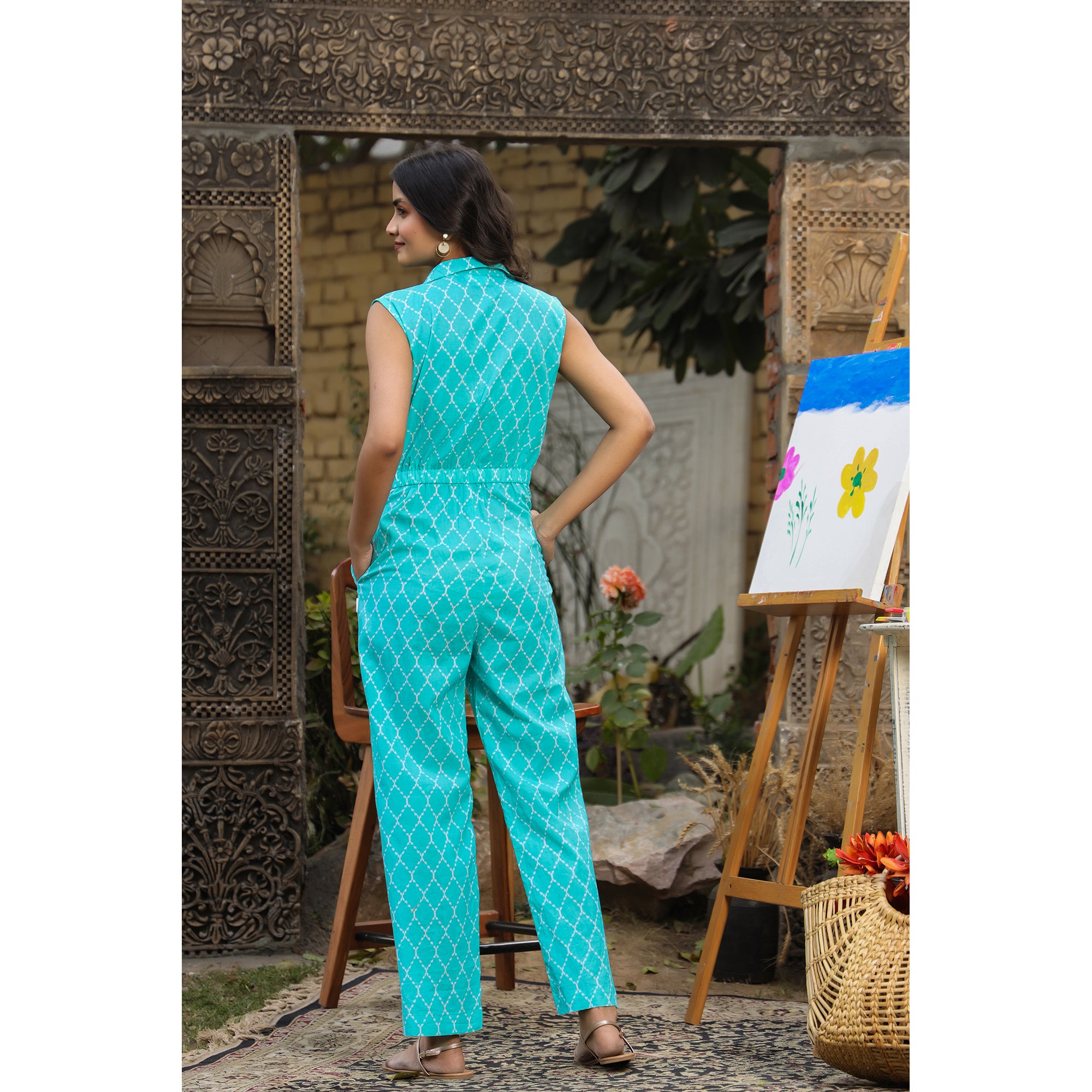 Geometric Shapes on Blue Jumpsuit