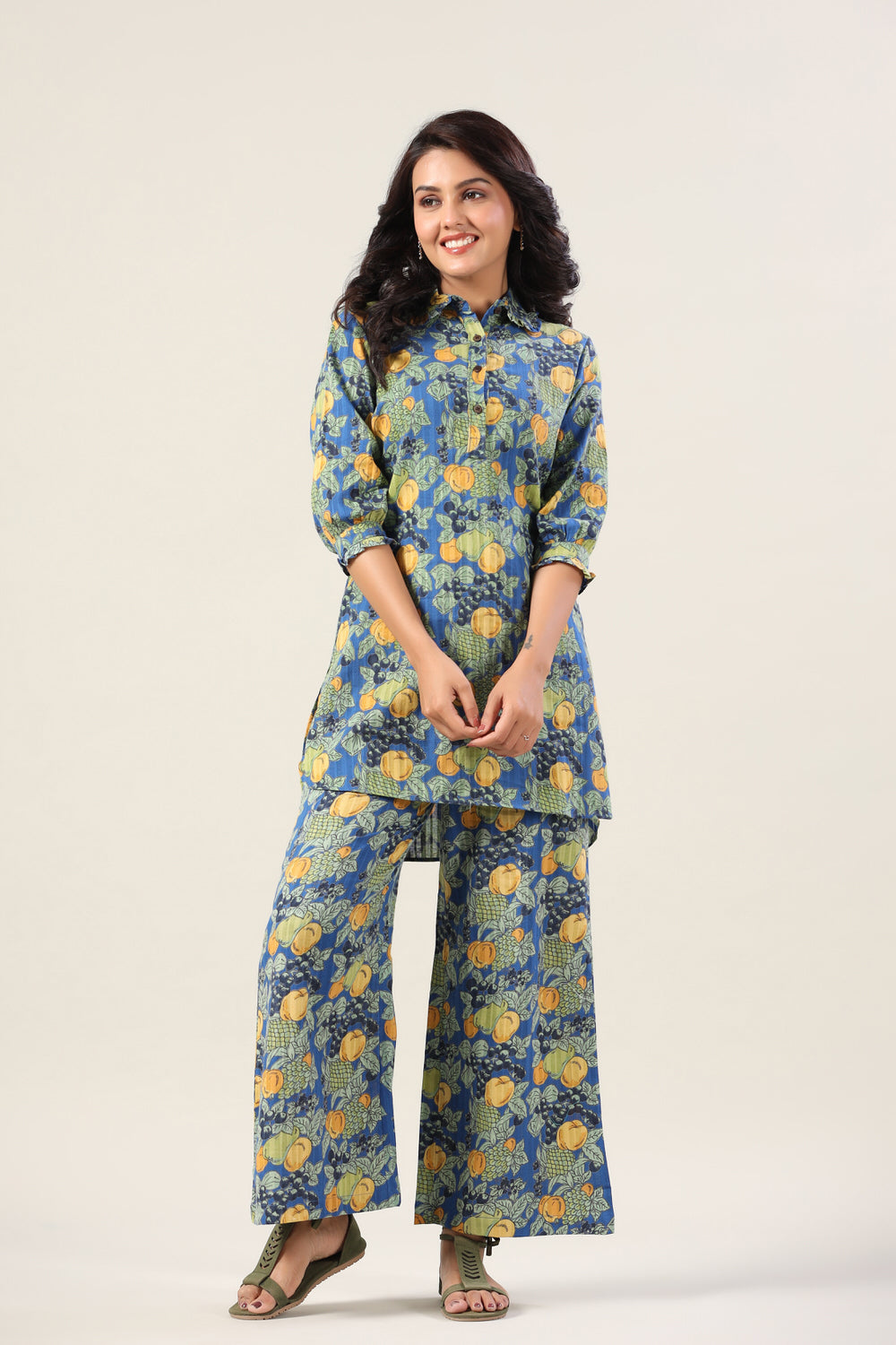 Lemonade on Blue Cotton Palazzo Loungewear Set