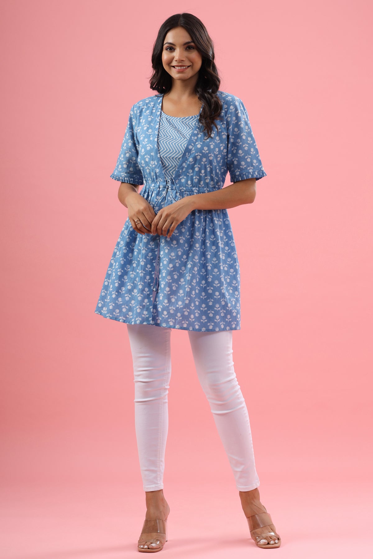 Powder Blue Floral Patterned Stripes Short Kurti