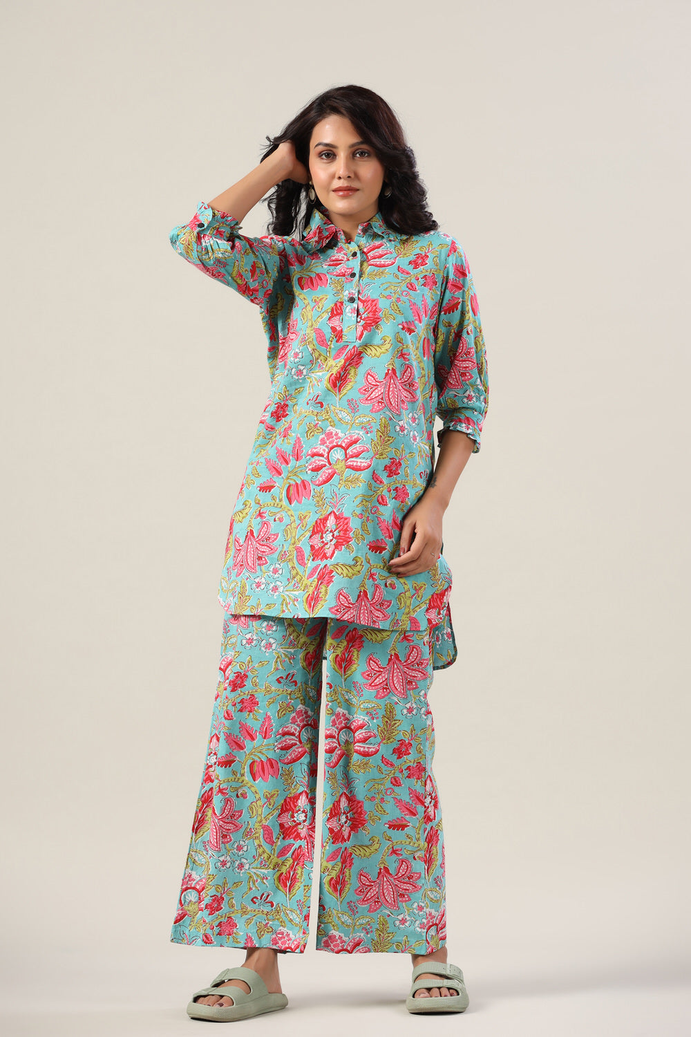 Jaal on Blue Collared Palazzo Loungewear Set