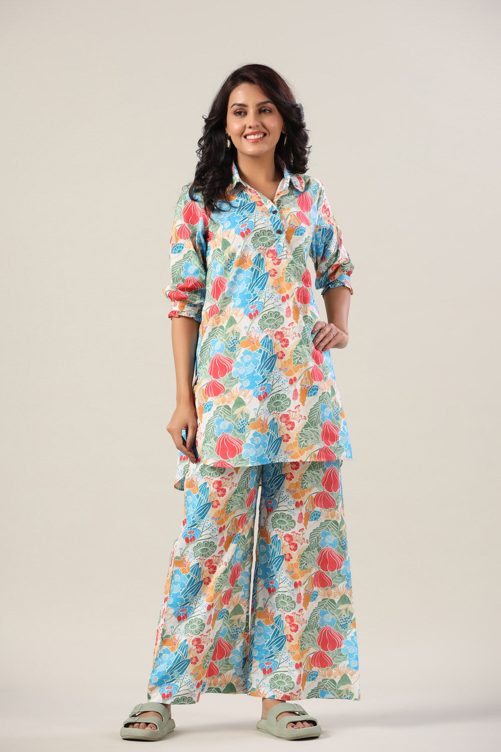 Floral Jaal on Collared Palazzo Loungewear Set