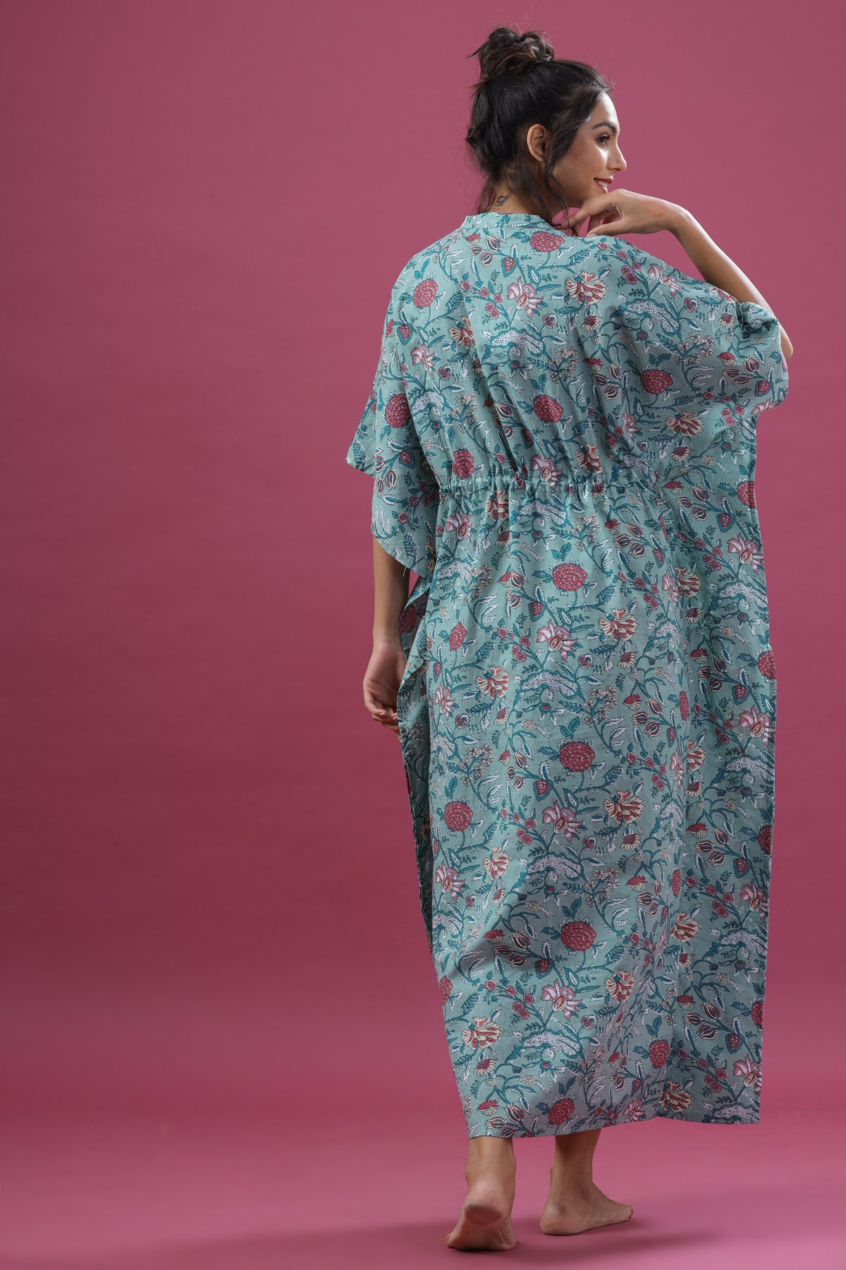 Floral Jaal on Sea Green Front Buttoned Kaftan