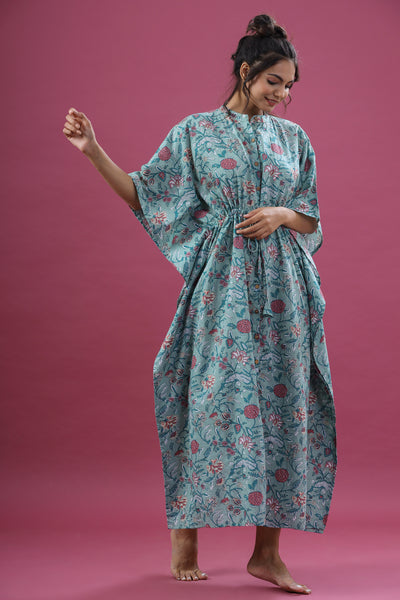 Floral Jaal on Sea Green Front Buttoned Kaftan