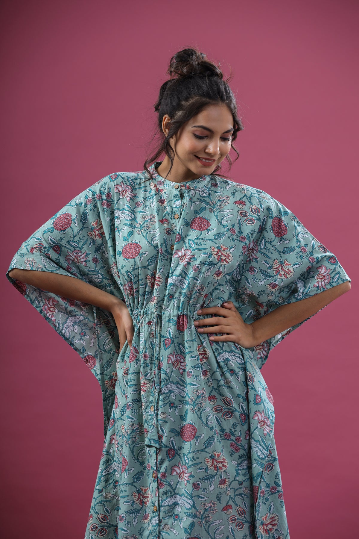 Floral Jaal on Sea Green Front Buttoned Kaftan