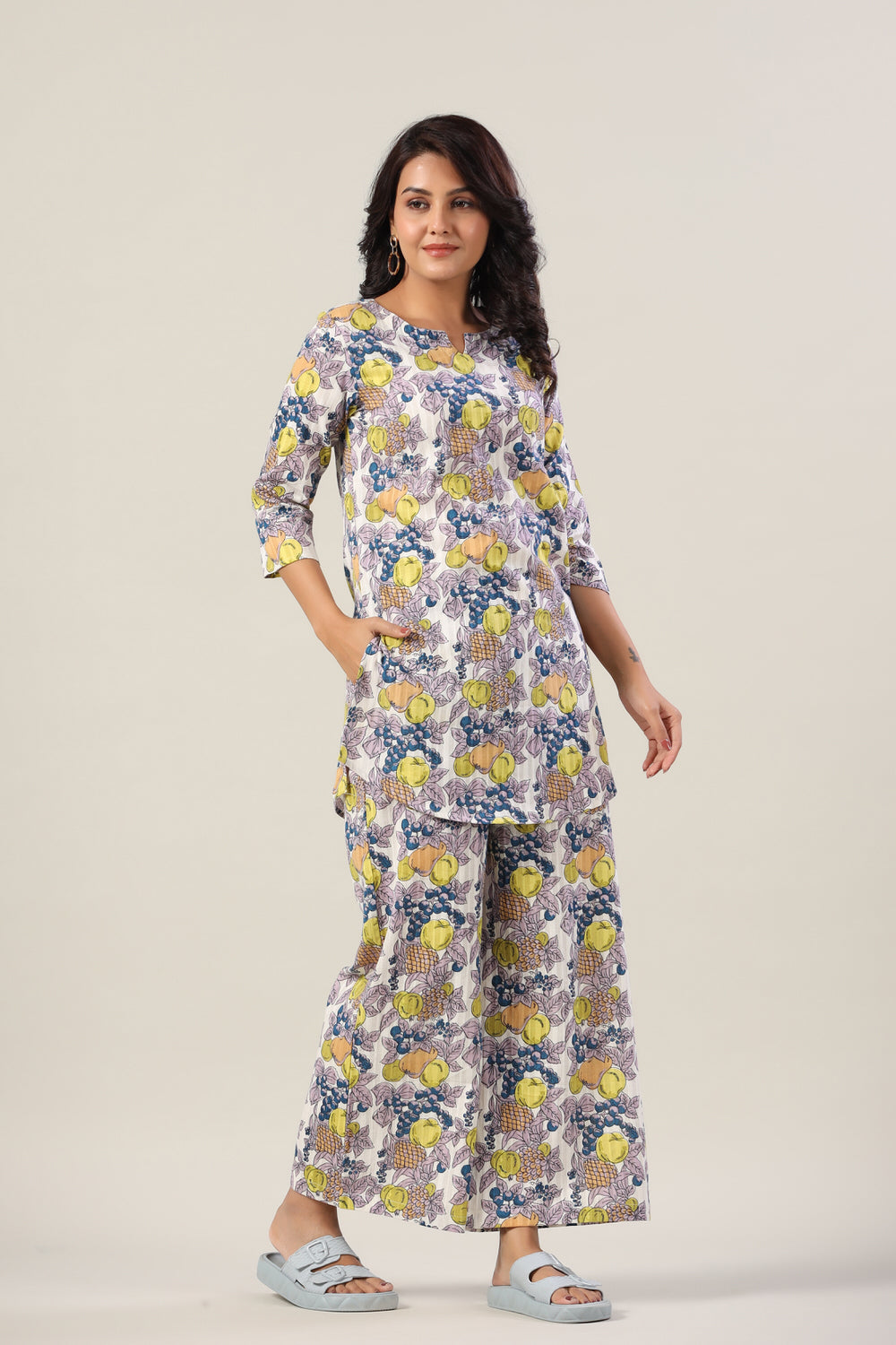 Fresh fruits on Blue Cotton Palazzo Loungewear Set