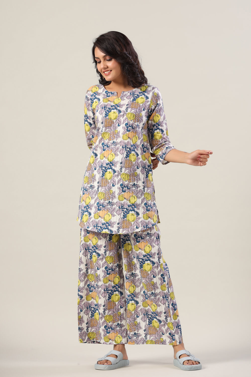 Fresh fruits on Blue Cotton Palazzo Loungewear Set