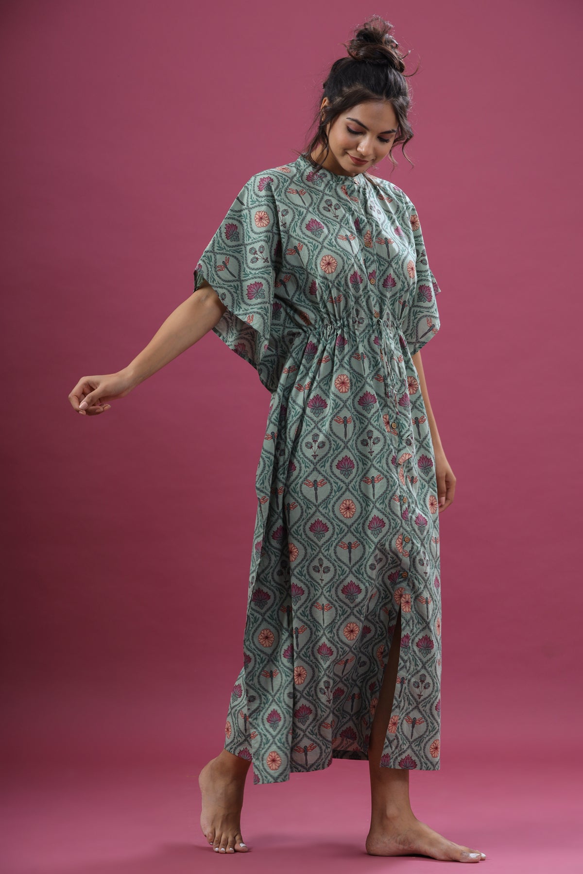 Butterflies on Light Green Front Buttoned Kaftan