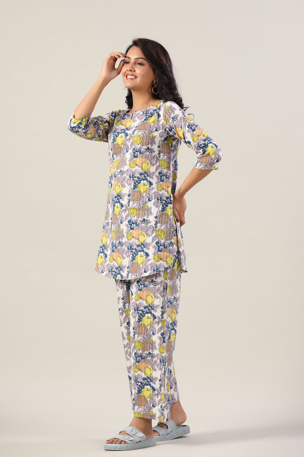 Fresh fruits on Blue Cotton Palazzo Loungewear Set