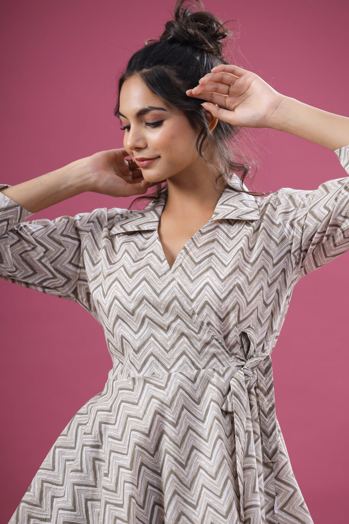 Patterned Zigzag On Grey Short Kurti