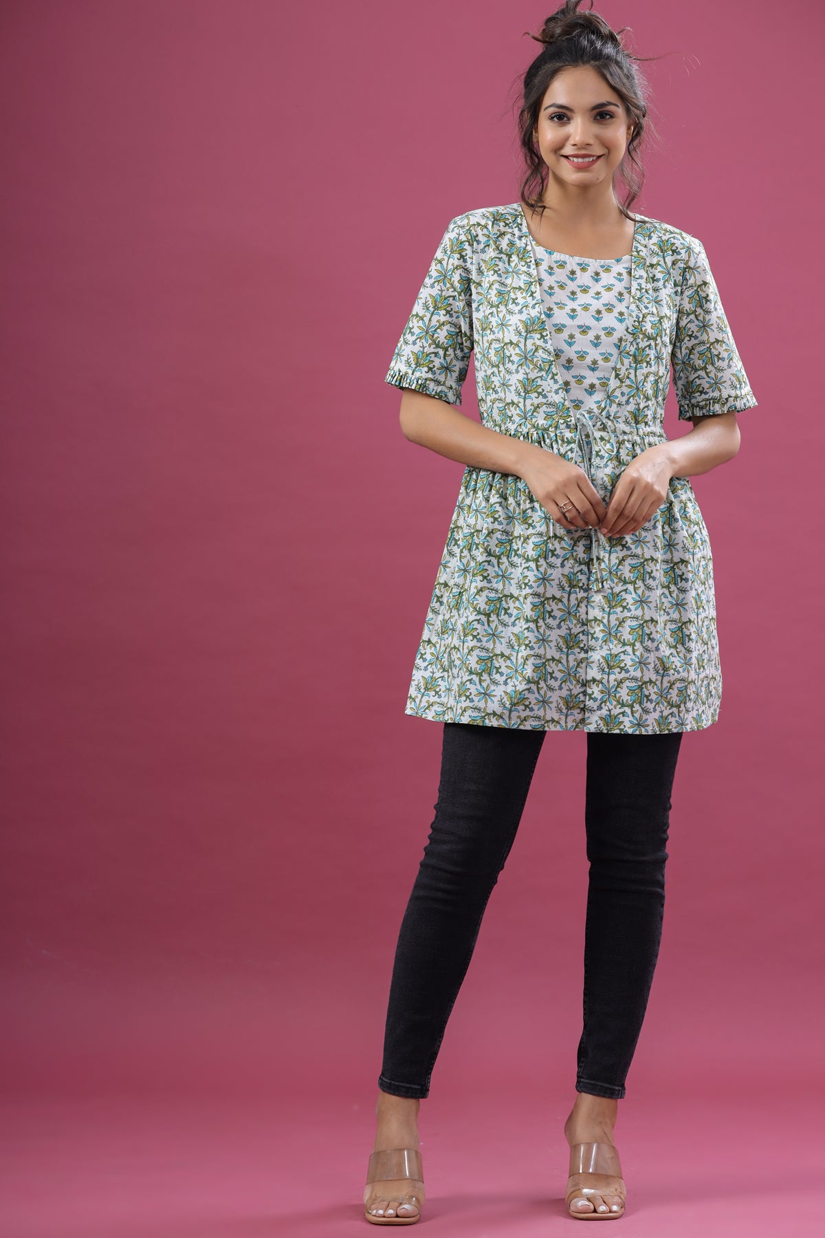 Forestry with inner on Off-white Cotton Short Kurti