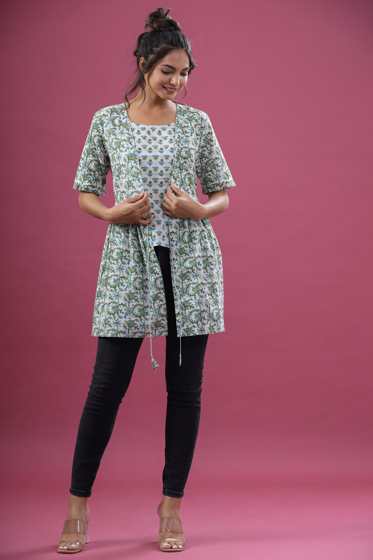 Forestry with inner on Off-white Cotton Short Kurti