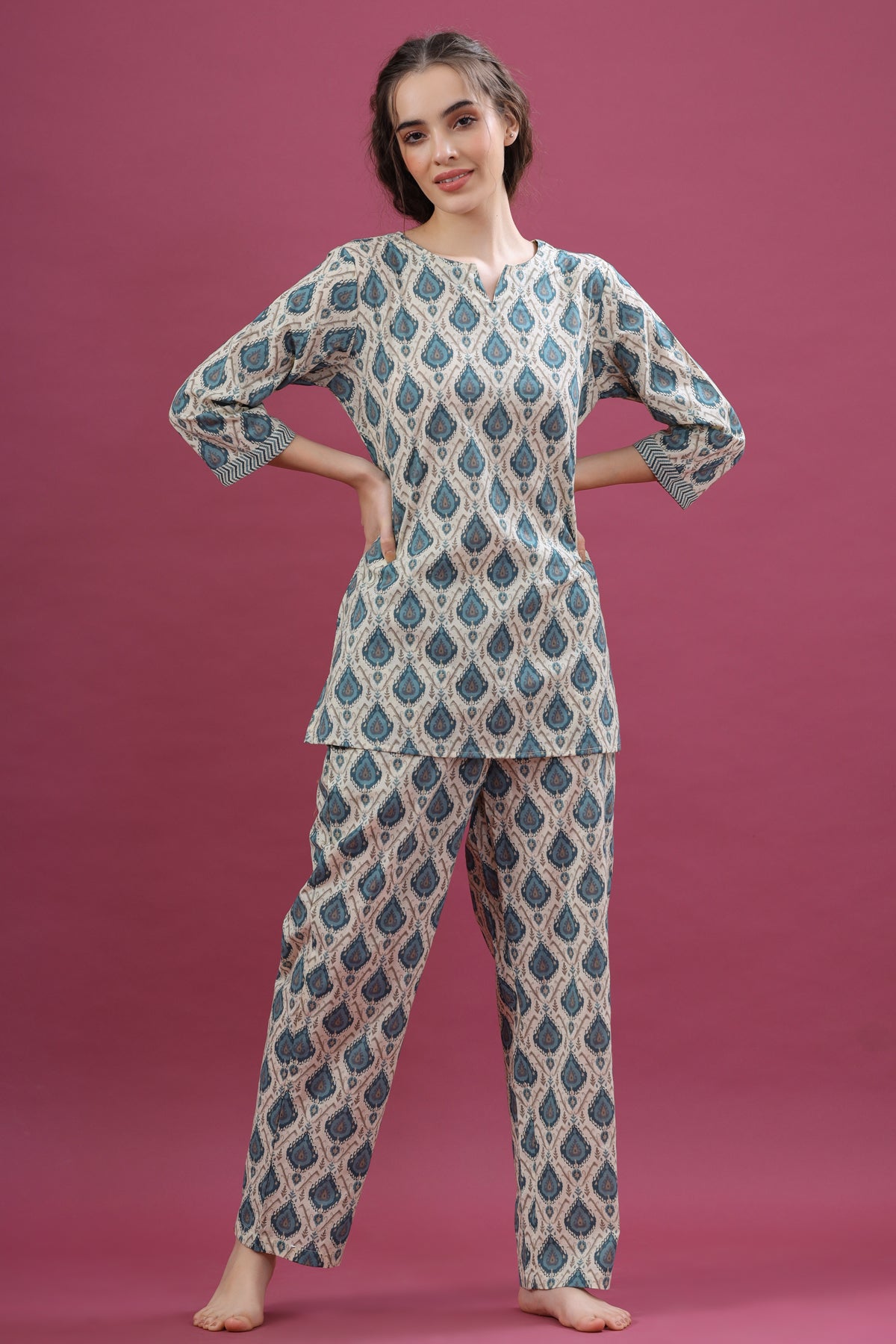 Traditional Motif on Off-white Loungewear Top Set