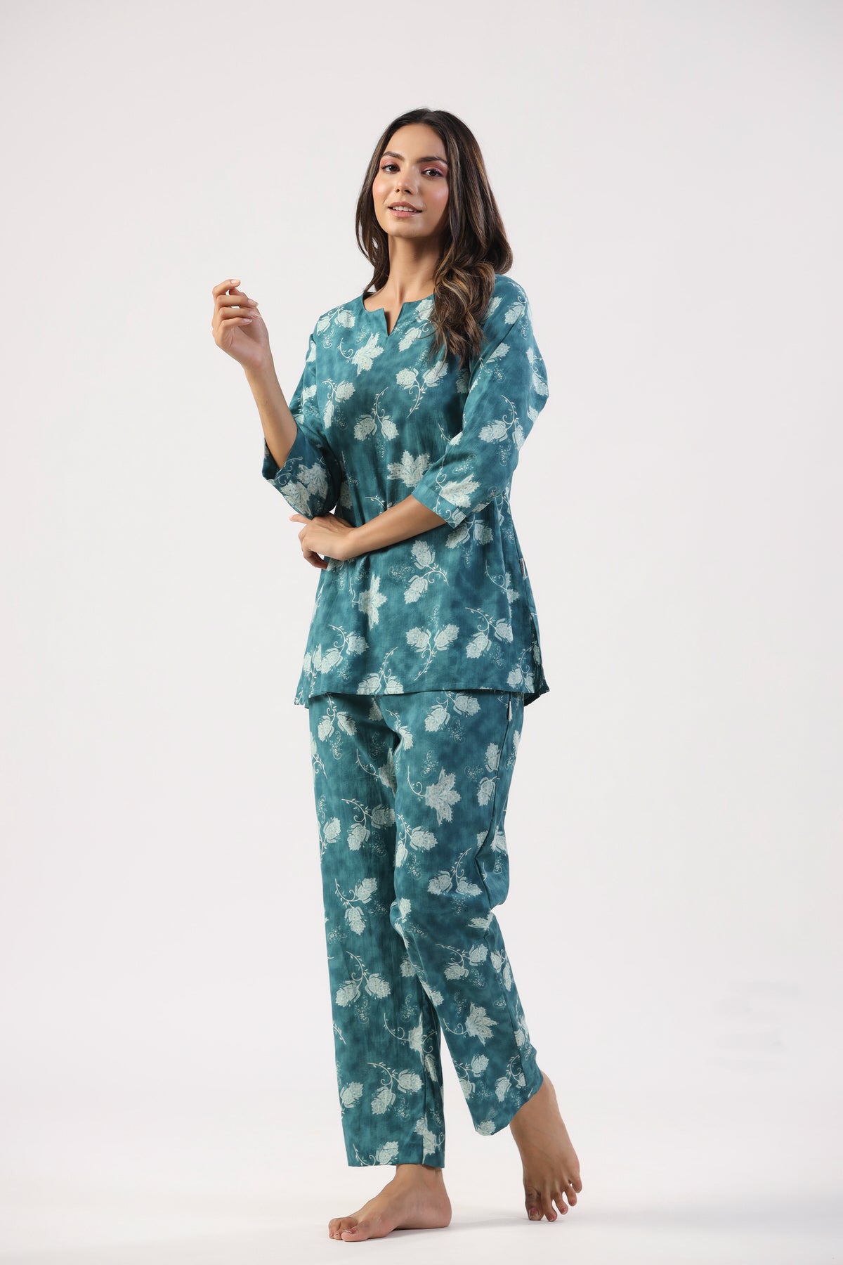 Teal Tropics Cotton Loungewear Top Set