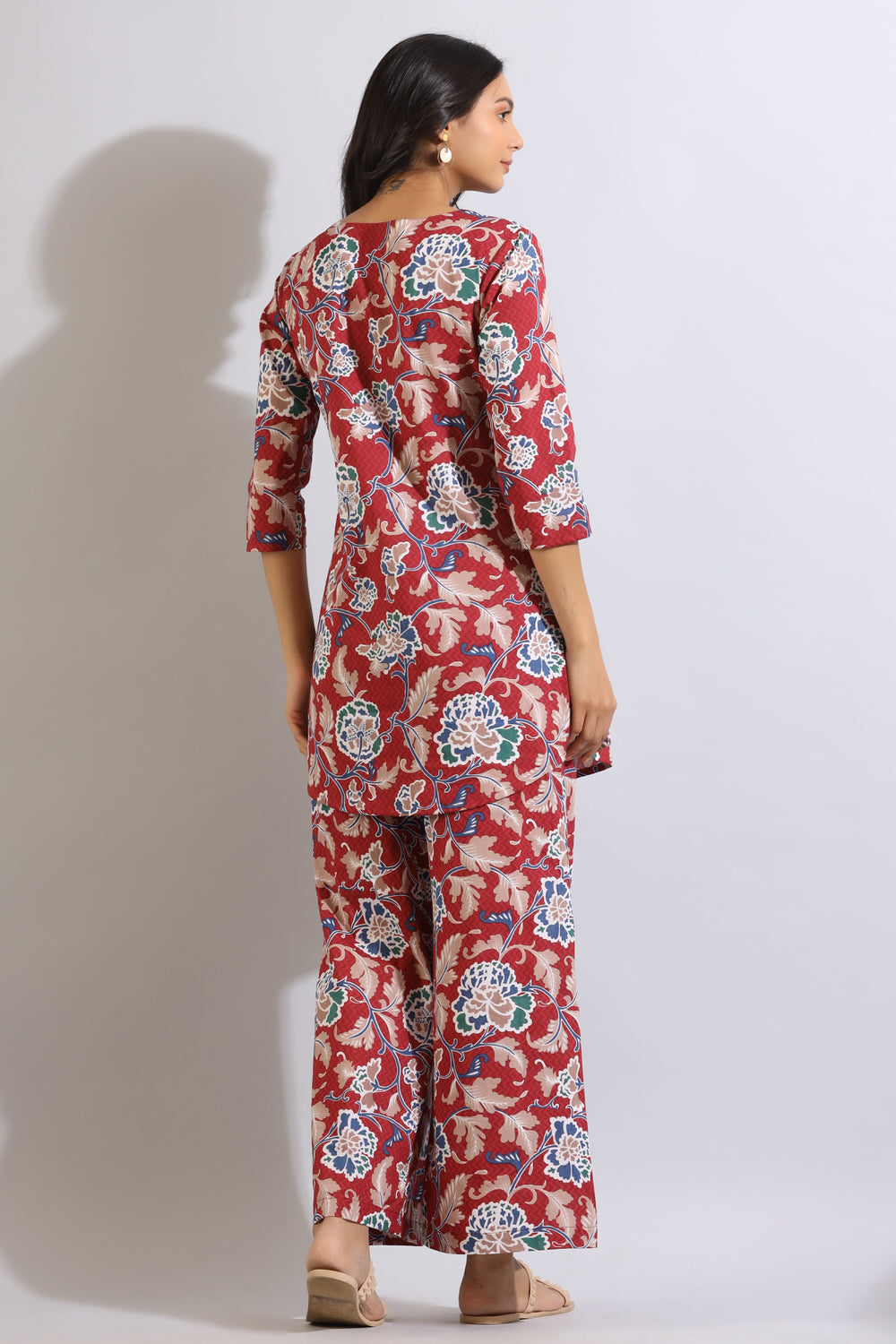 Floral Jaal on Cotton Red Palazzo Loungewear Set