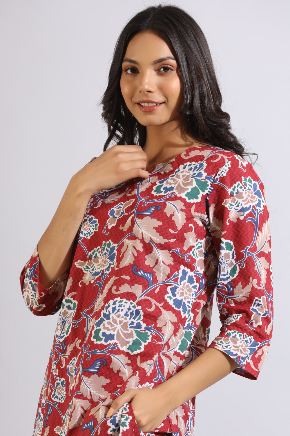 Floral Jaal on Cotton Red Palazzo Loungewear Set